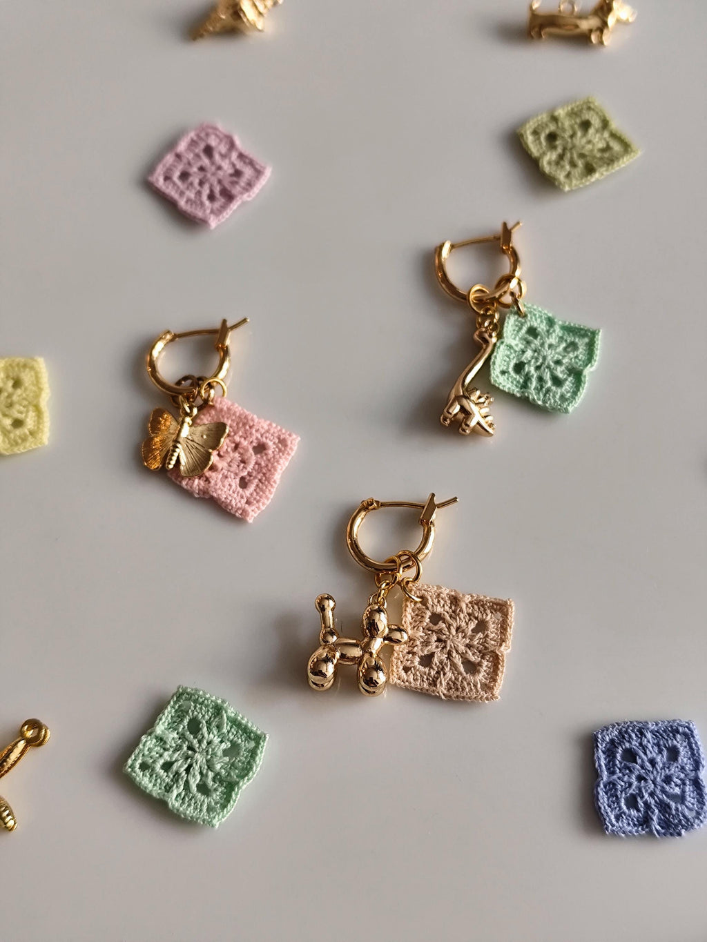 Golden charm hoop earrings with micro crochet granny square motifs | fun animal earrings | personalized gift