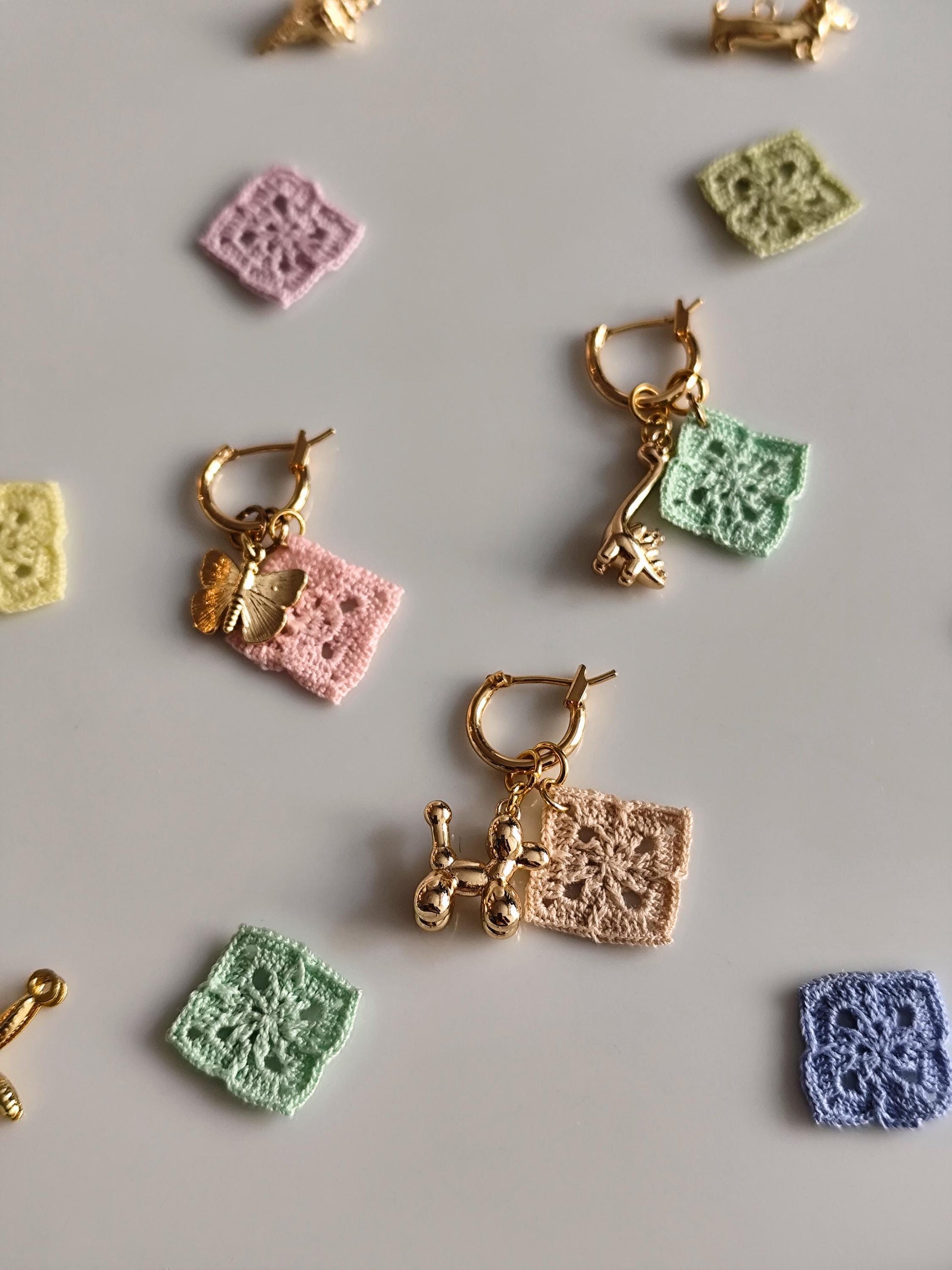Golden charm hoop earrings with micro crochet granny square motifs | fun animal earrings | personalized gift