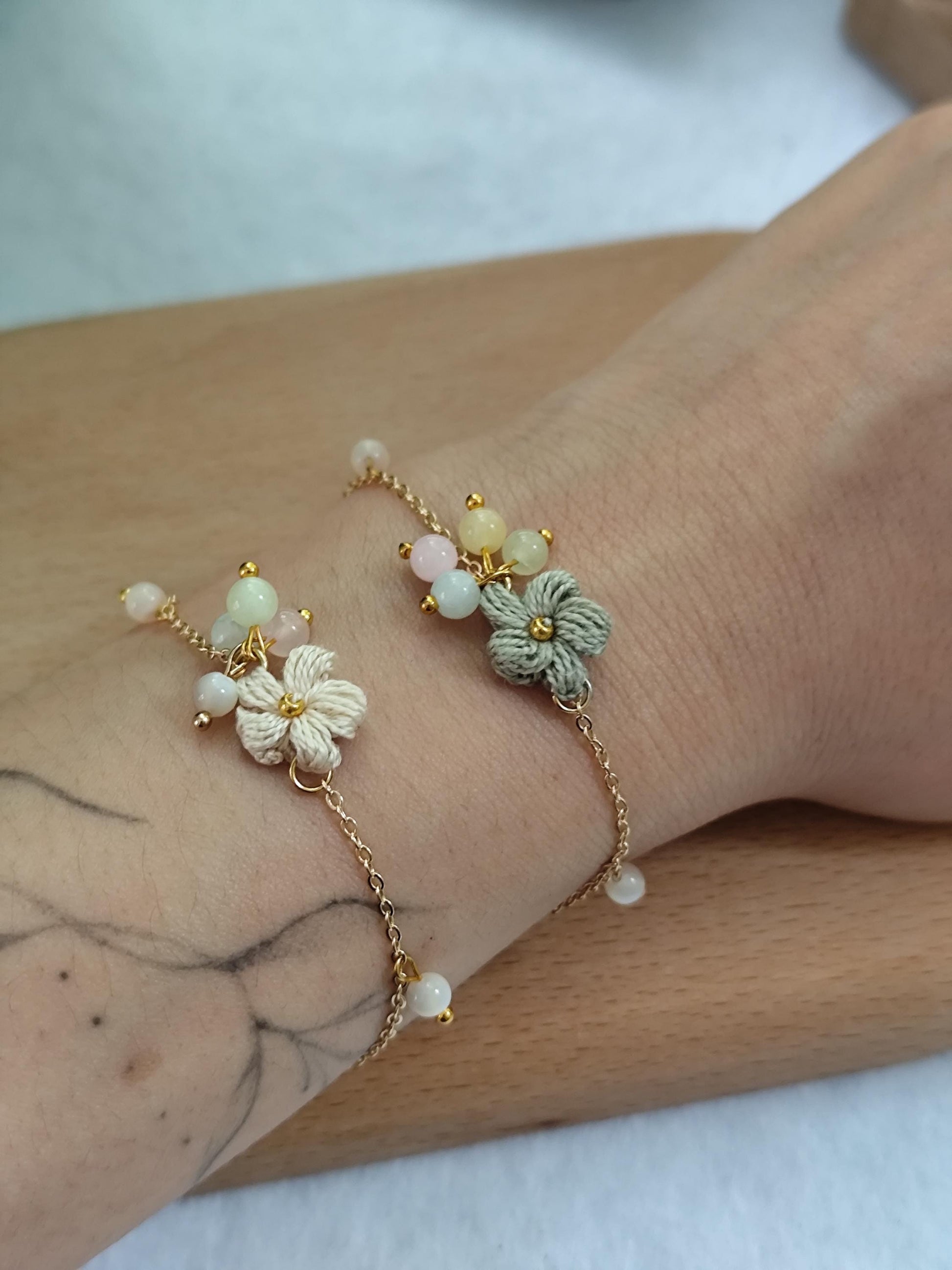 Morganite Gemstone Bracelet with Crochet Flowers | Dainty Handmade Jewelry | Boho Gift for Her | Puff Flower Beaded Bracelet