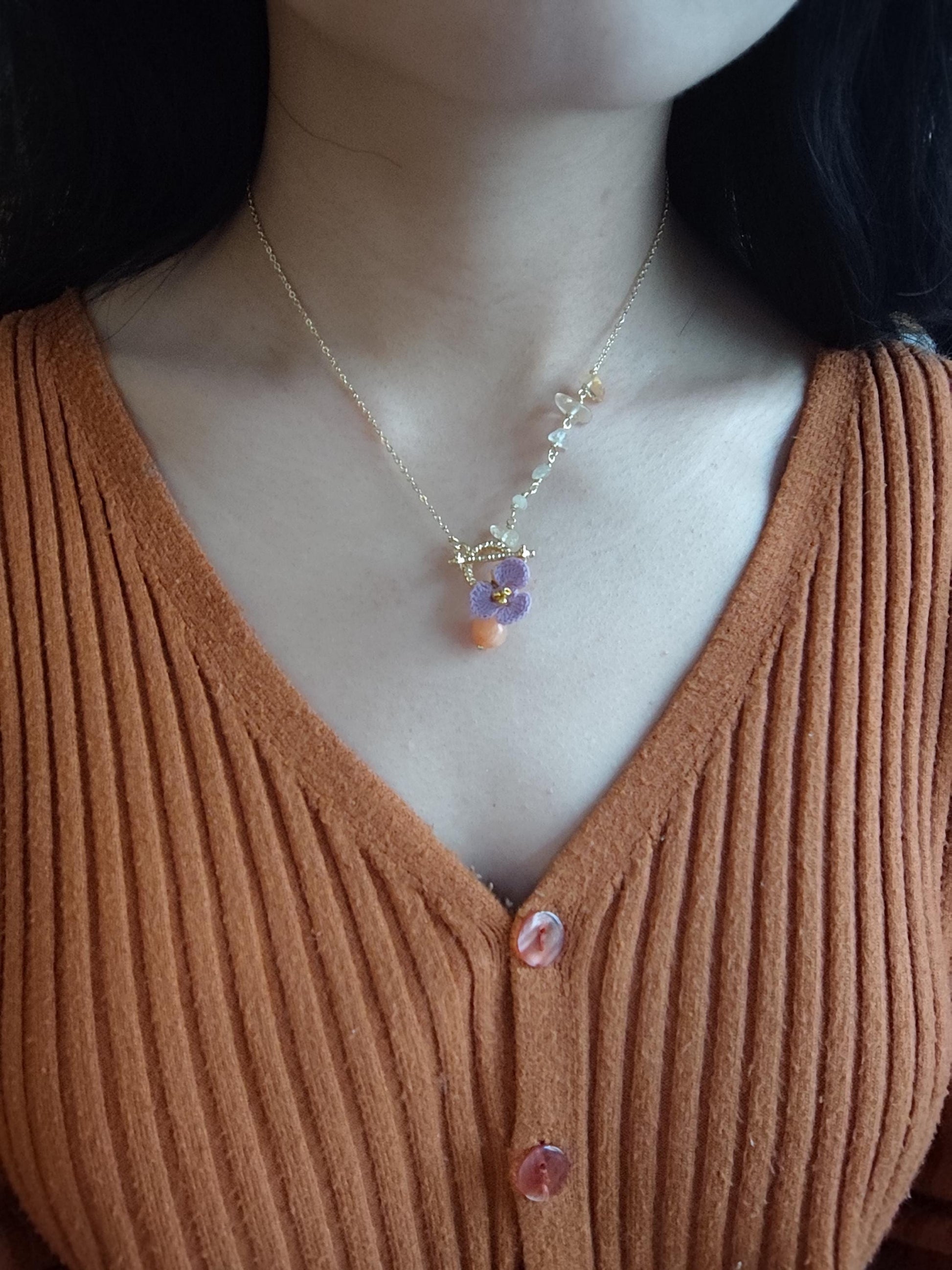 micro crochet pensy pendant necklace with natural stones | unique jewelry | boho | cottagecore
