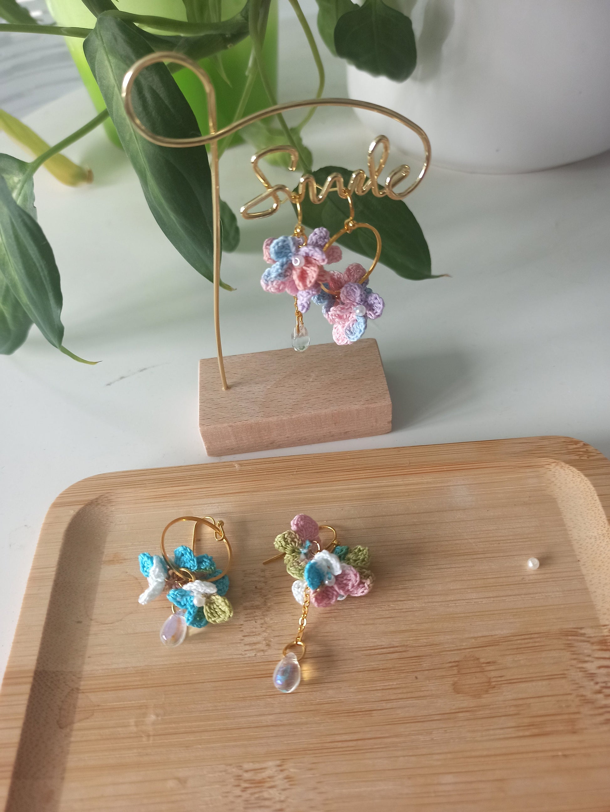 Asymmetrical hydrangea flower micro crochet earrings
