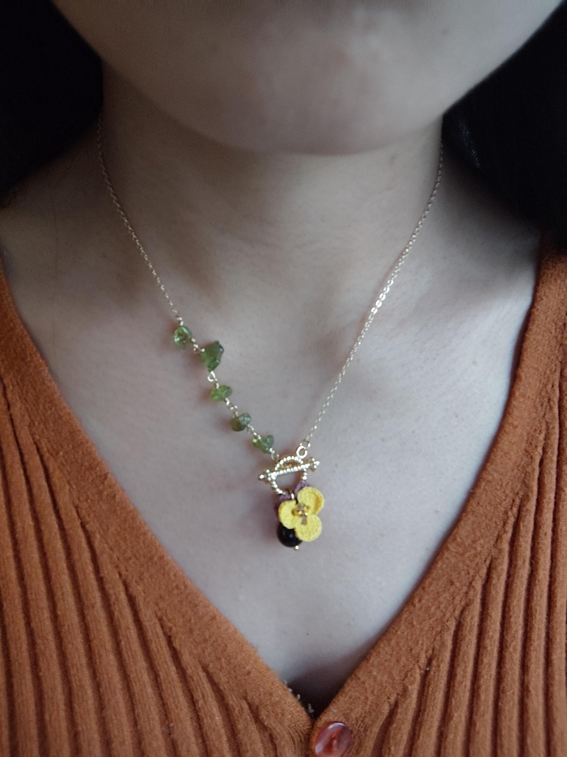 micro crochet pensy pendant necklace with natural stones | unique jewelry | boho | cottagecore