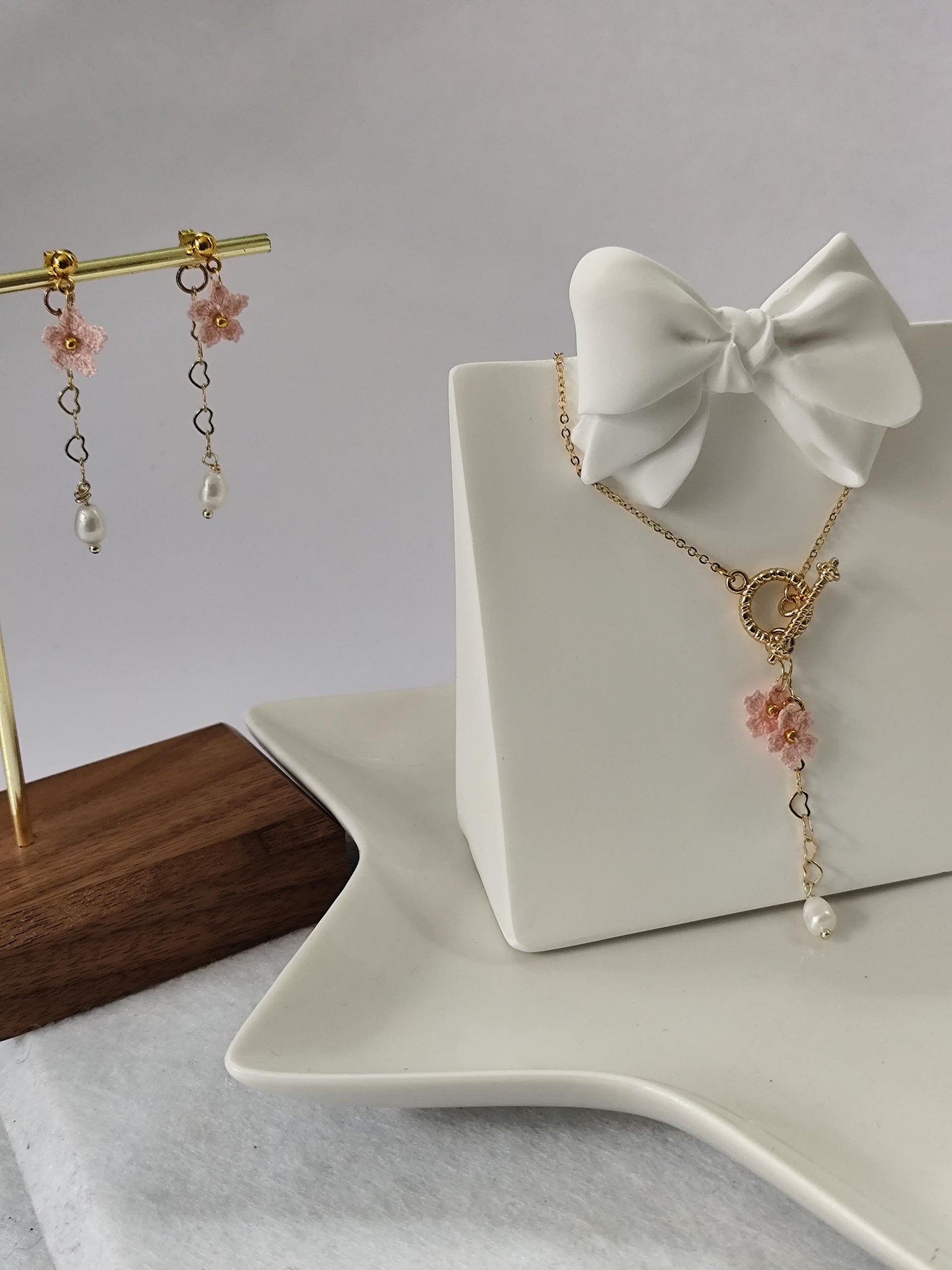 Small Sakura micro crochet earrings and necklace with freshwater pearl set | dainty | bridesmaid jewelry | wedding