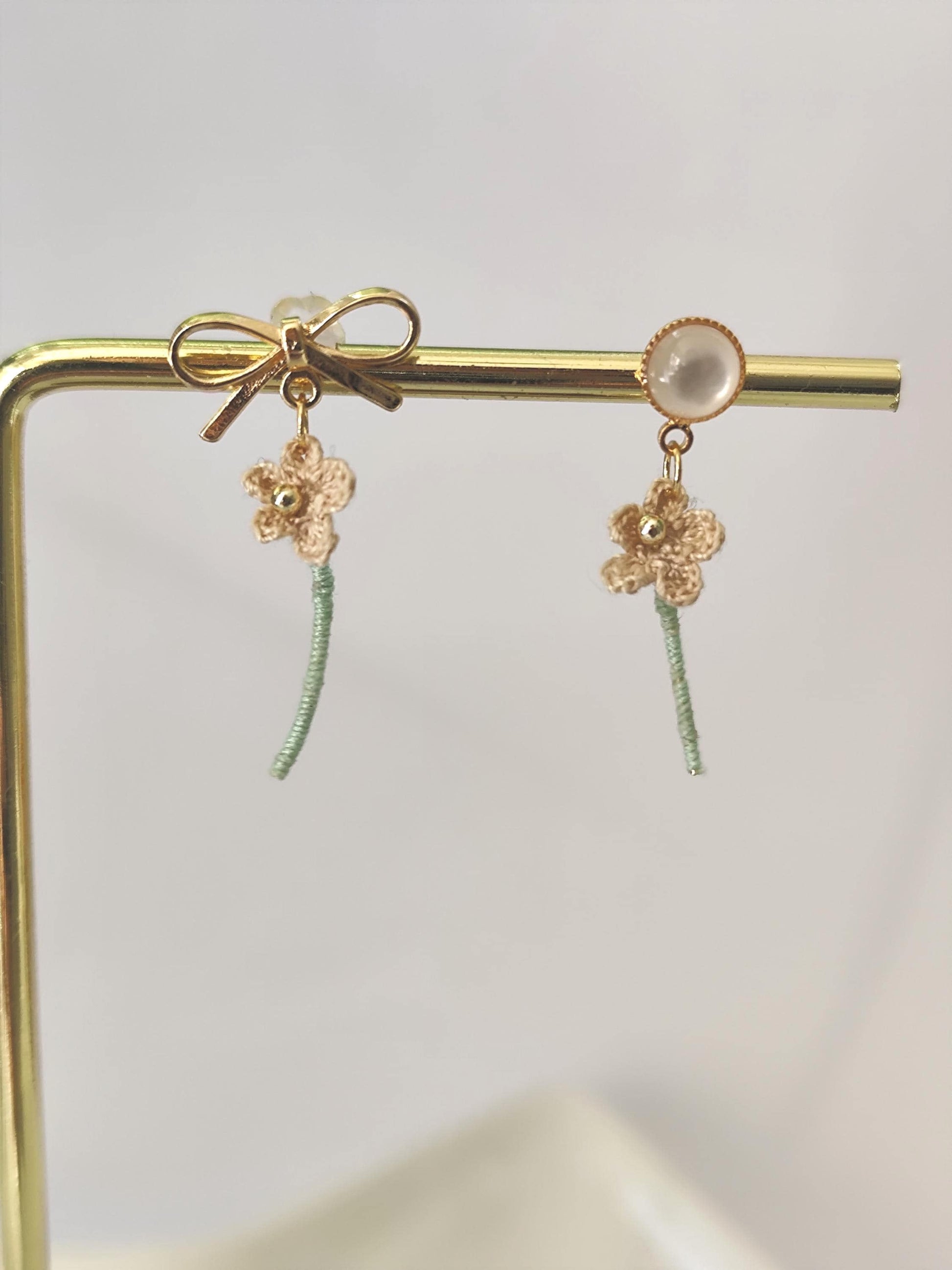 tiny micro crochet flower with stem earrings | bridal dainty boho earrings