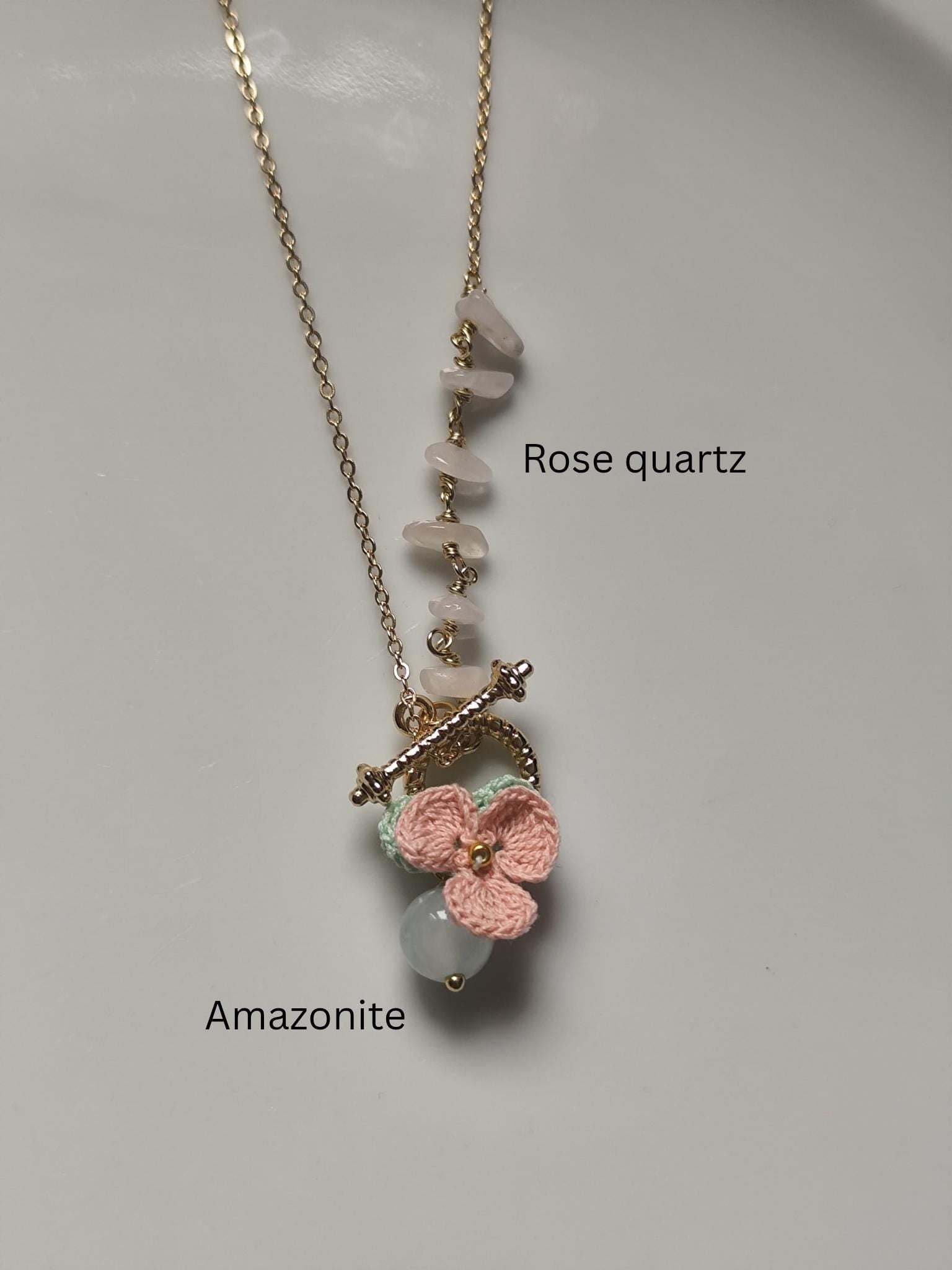 micro crochet pensy pendant necklace with natural stones | unique jewelry | boho | cottagecore