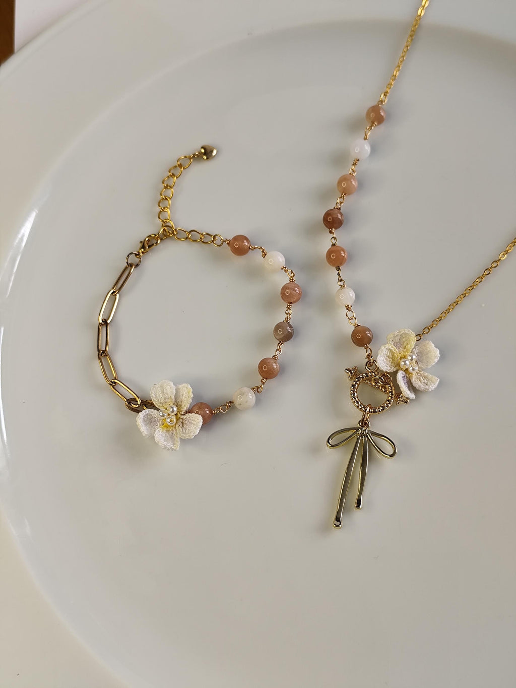 Handcrafted Micro Crochet Gemstone Jewelry Set: Blue Chalcedony, Moonstone, and Cherry Blossom flower