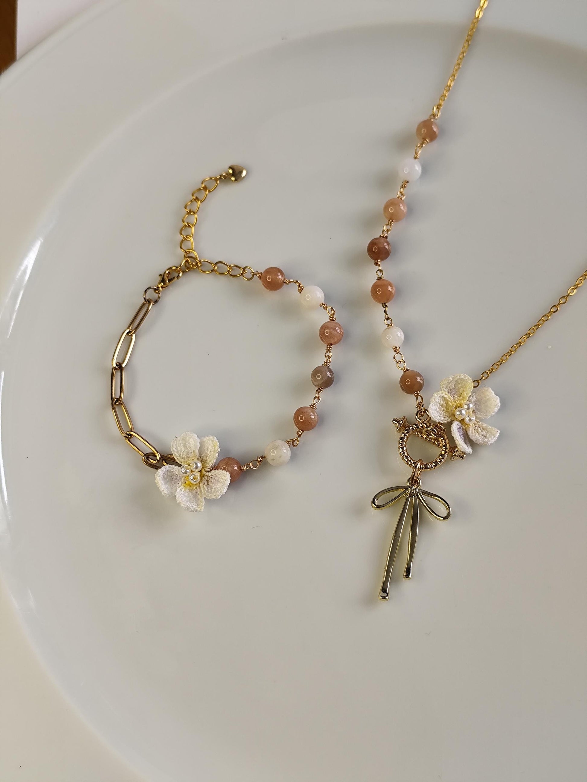 Handcrafted Micro Crochet Gemstone Jewelry Set: Blue Chalcedony, Moonstone, and Cherry Blossom flower