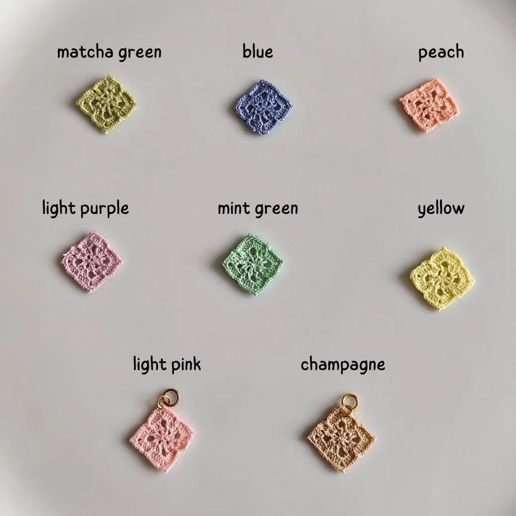 Golden charm hoop earrings with micro crochet granny square motifs | fun animal earrings | personalized gift