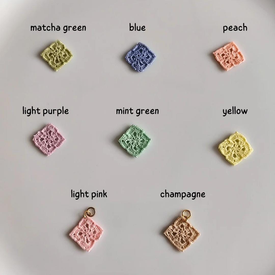 Golden charm hoop earrings with micro crochet granny square motifs | fun animal earrings | personalized gift