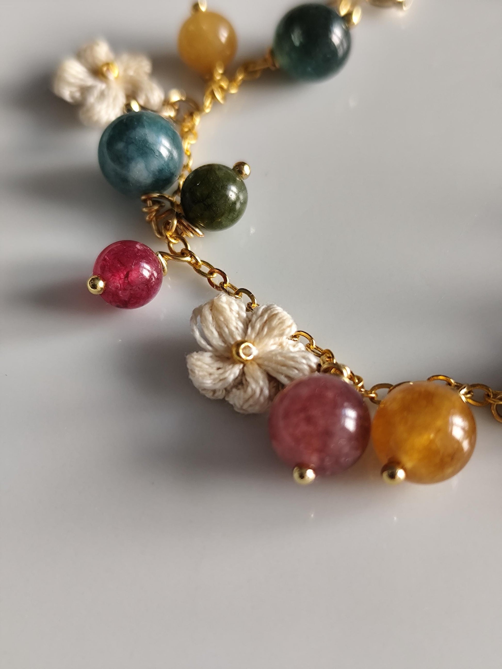 Bubble gemstone bracelet | micro crochet flowers | natural stone | tourmaline