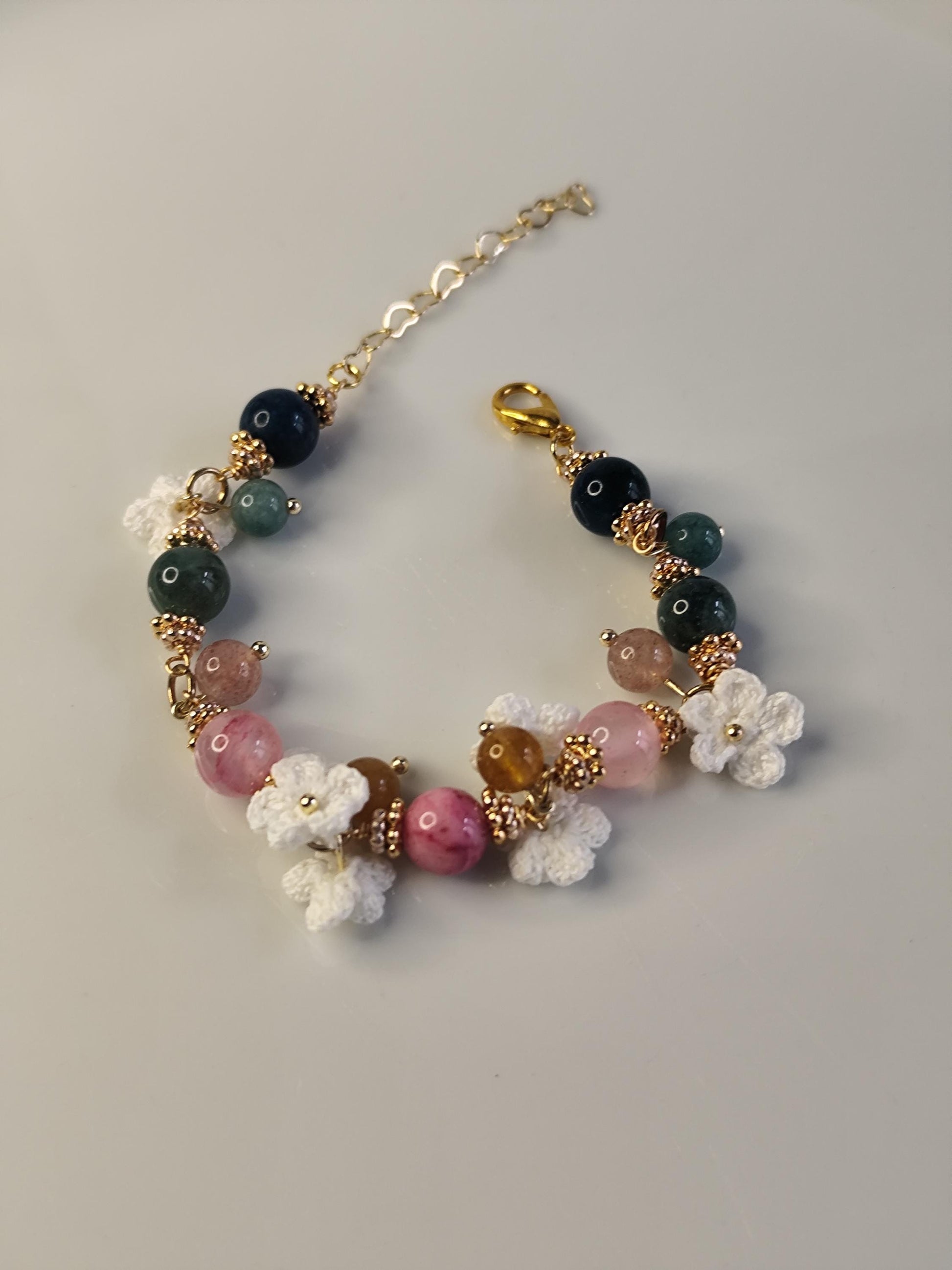 Elowen | Handmade gemstone flower bracelets | Delicate crochet flower jewelry | Elegant gift for her | Romantic boho accessories