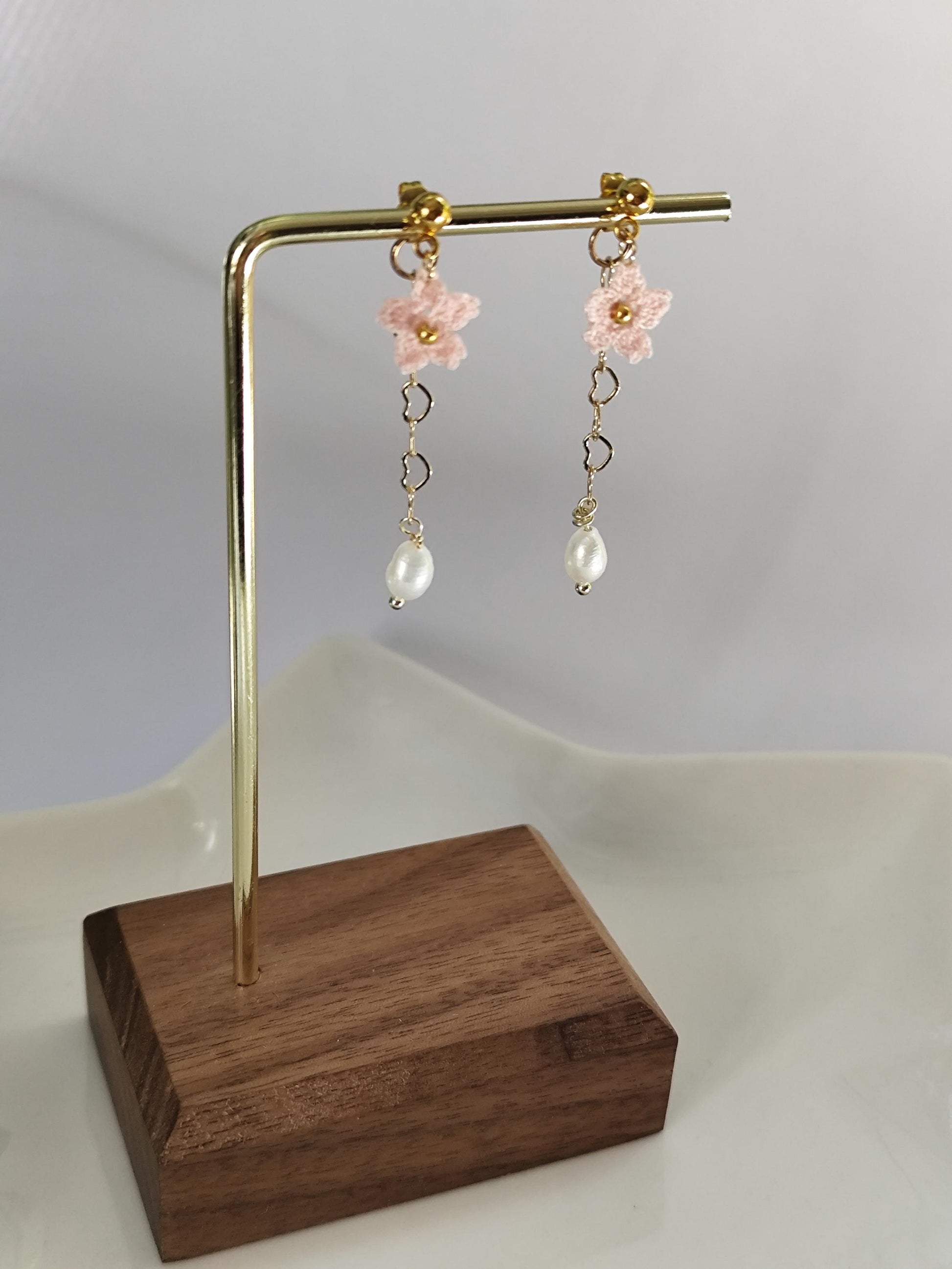 Small Sakura micro crochet earrings and necklace with freshwater pearl set | dainty | bridesmaid jewelry | wedding