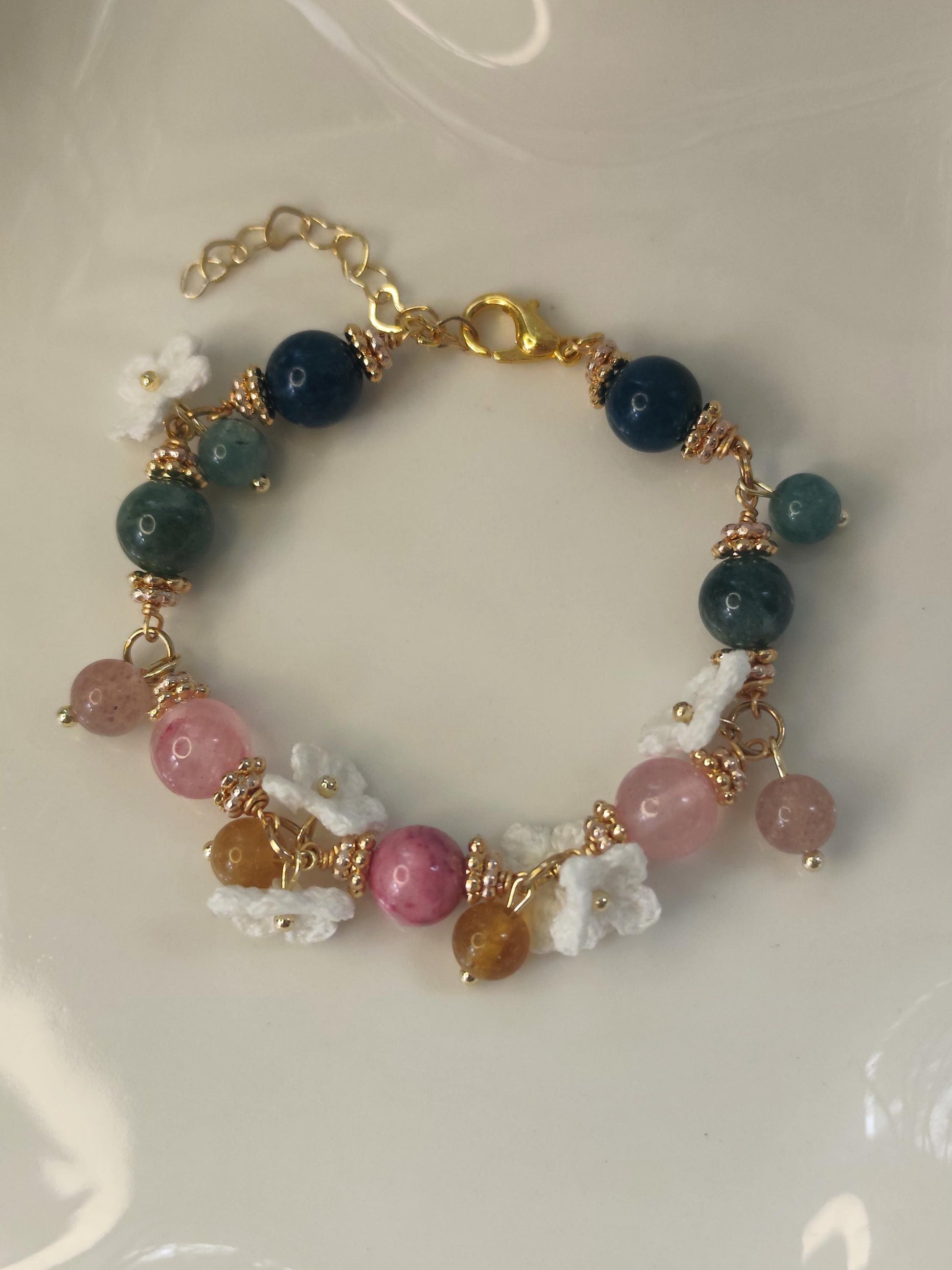 Elowen | Handmade gemstone flower bracelets | Delicate crochet flower jewelry | Elegant gift for her | Romantic boho accessories
