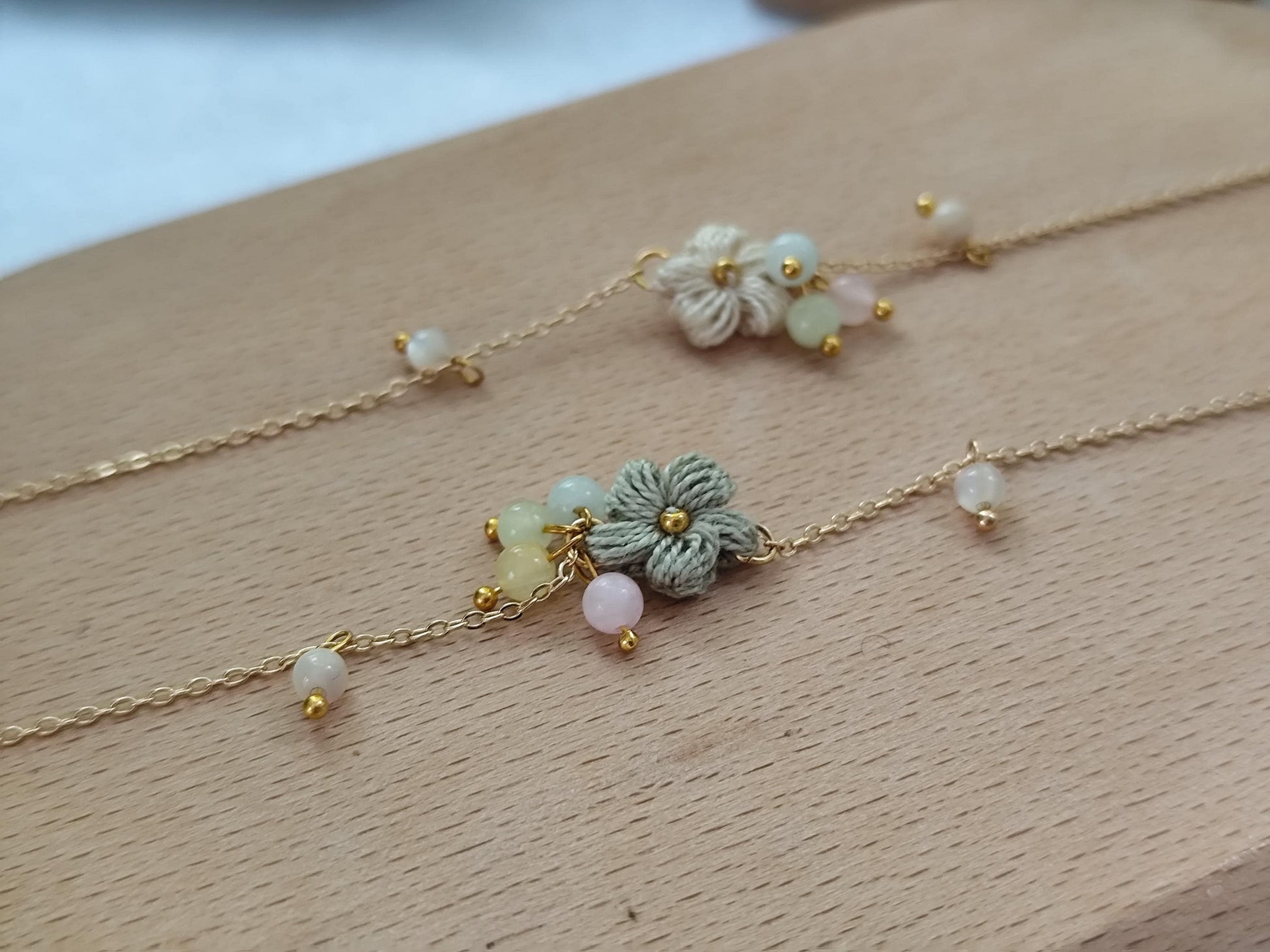 Morganite Gemstone Bracelet with Crochet Flowers | Dainty Handmade Jewelry | Boho Gift for Her | Puff Flower Beaded Bracelet