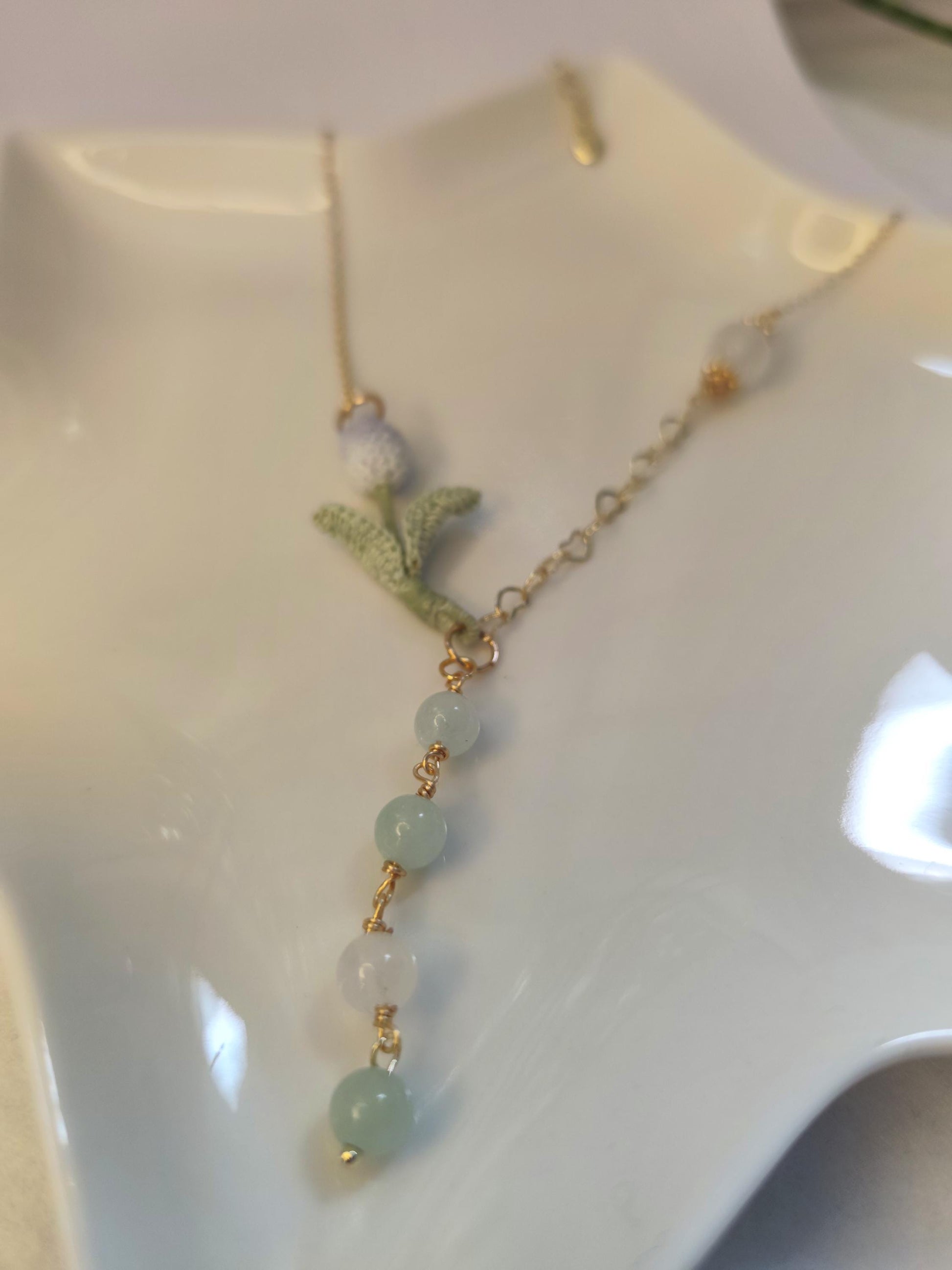 Hand-Dyed Tulip Necklace with Natural Stones | Delicate Crochet Flower Jewelry with Burmese Jade & Angola White Crystal