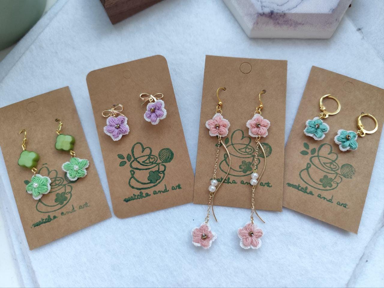 Puff flowers earrings with different style | Ribbon, simple, Pearl dangles