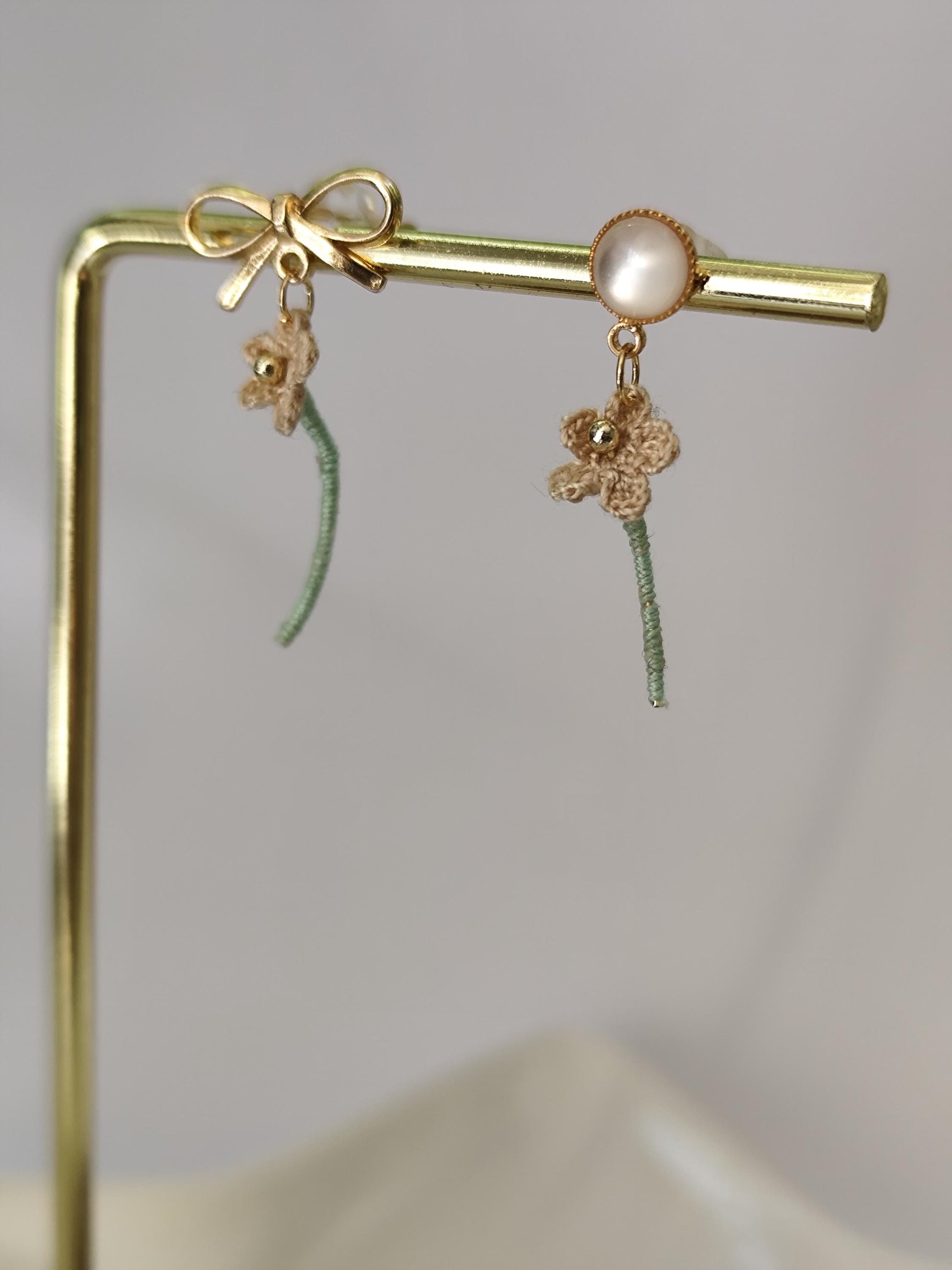 tiny micro crochet flower with stem earrings | bridal dainty boho earrings
