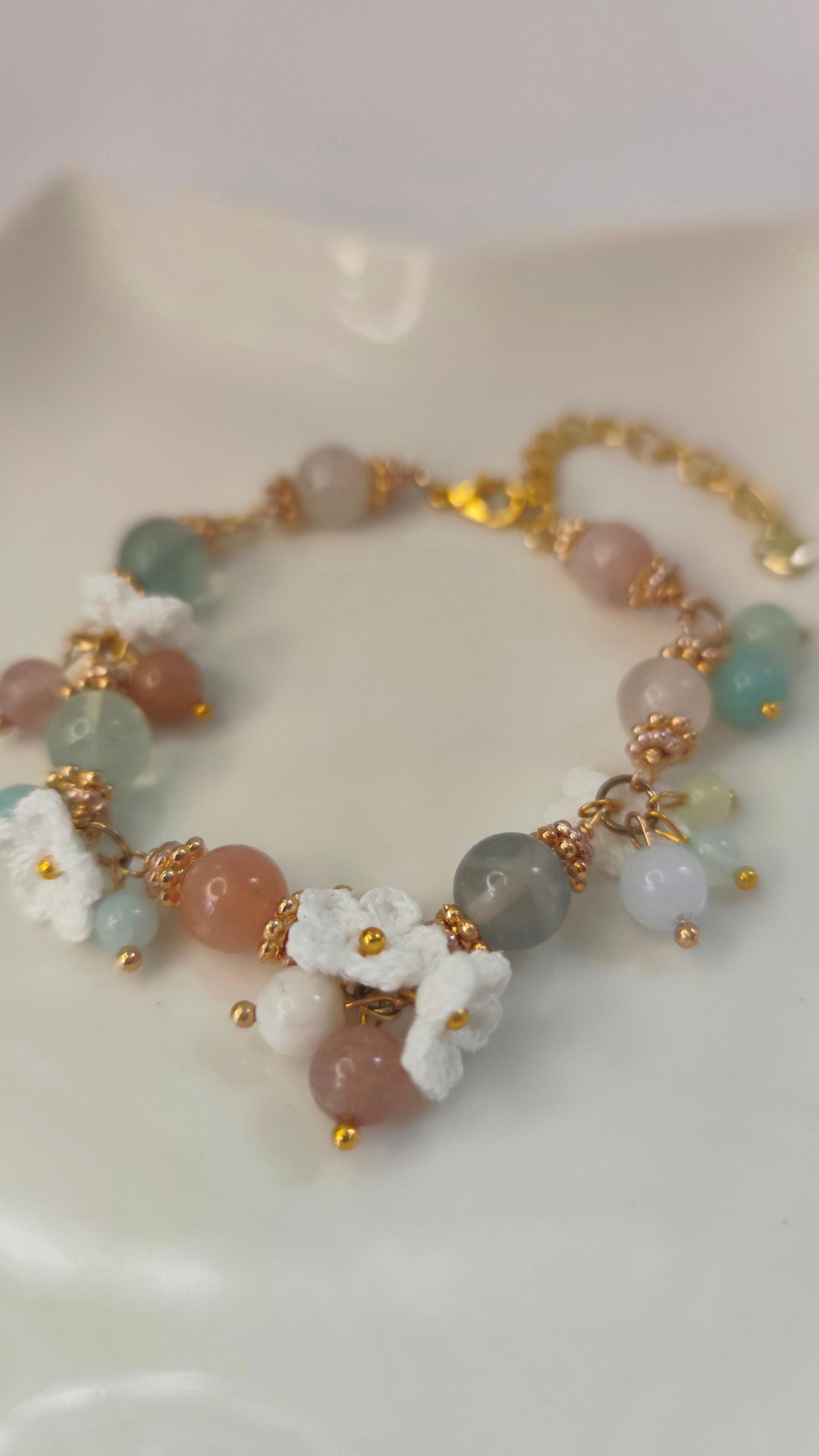 Aurelia | Handmade micro crochet flower gemstone bracelet