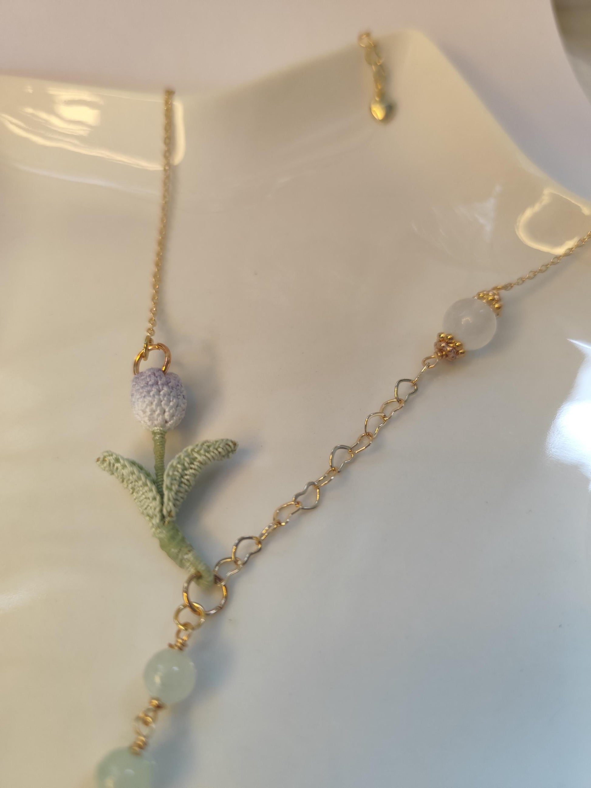Hand-Dyed Tulip Necklace with Natural Stones | Delicate Crochet Flower Jewelry with Burmese Jade & Angola White Crystal