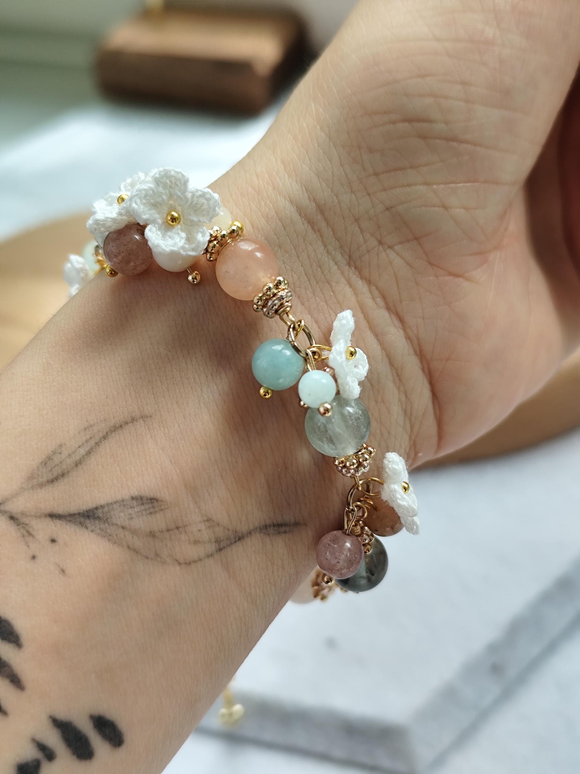 Aurelia | Handmade micro crochet flower gemstone bracelet