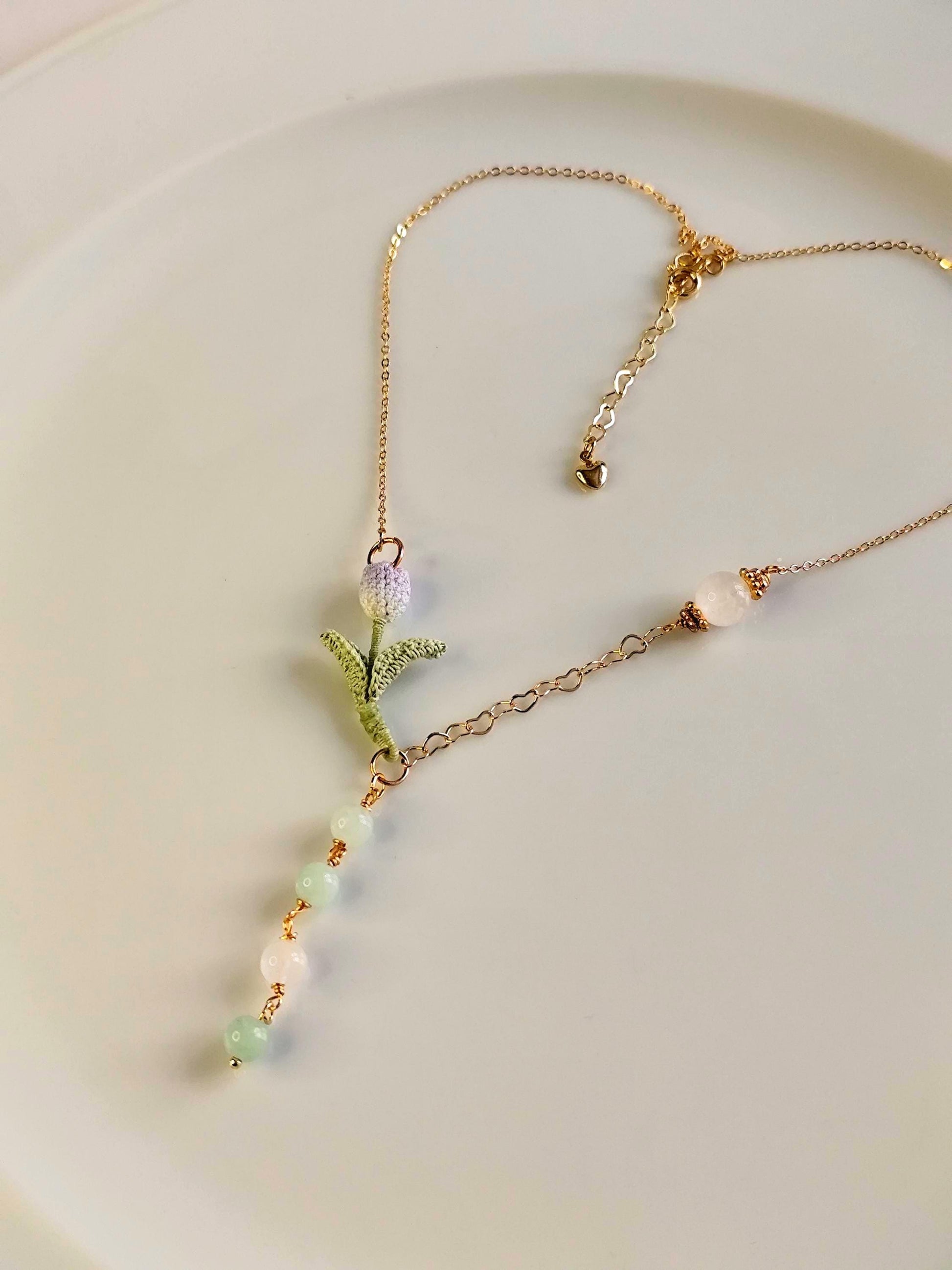 Hand-Dyed Tulip Necklace with Natural Stones | Delicate Crochet Flower Jewelry with Burmese Jade & Angola White Crystal