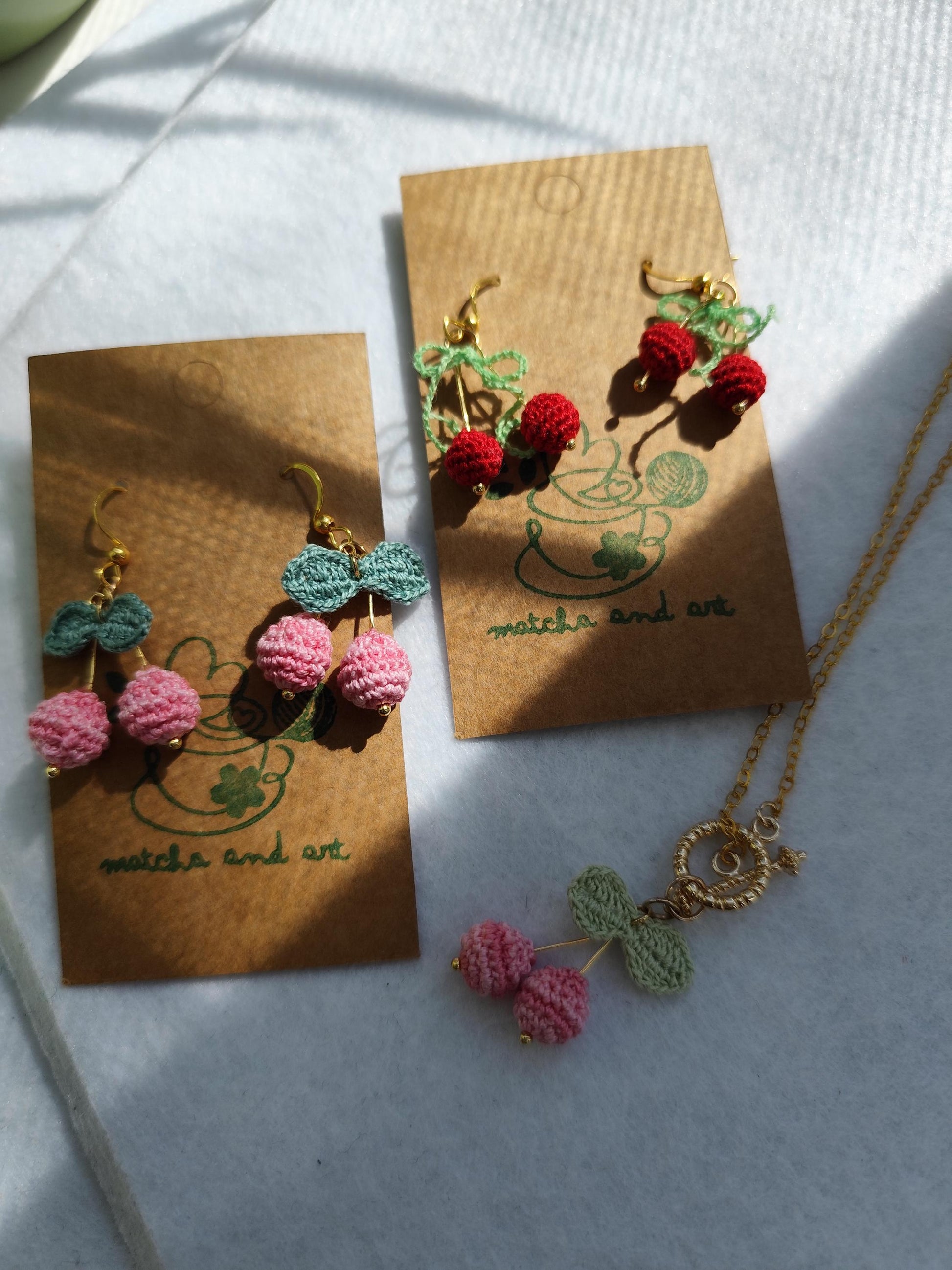 Micro Crocheted Cherry Earrings & Necklace Set | Handmade Fruit Jewelry | Dainty Boho Gift for Her | Red Cherry Crochet Accessories