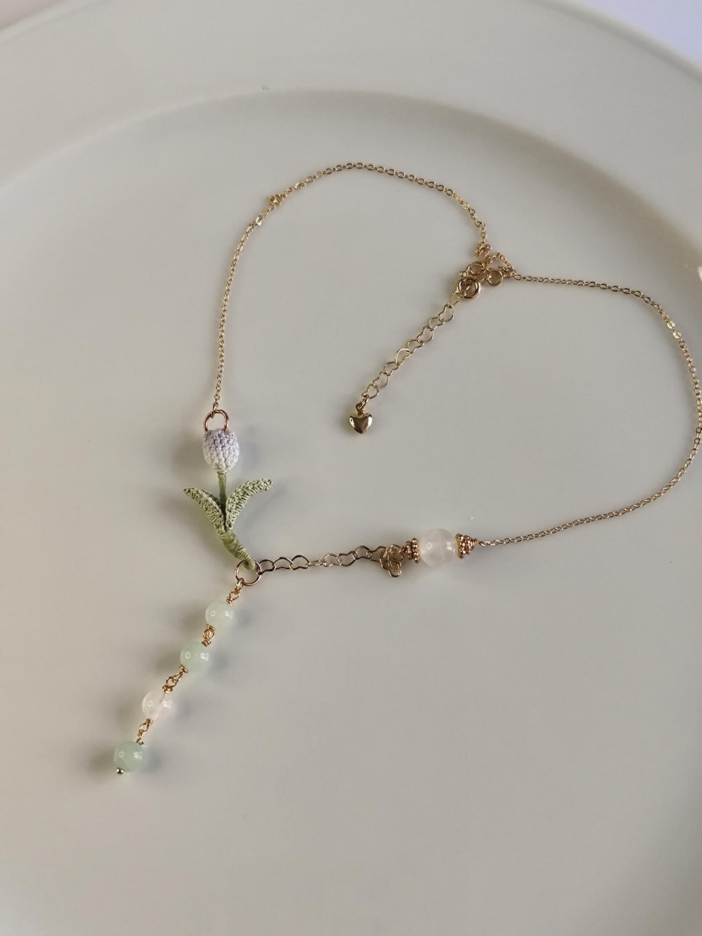 Hand-Dyed Tulip Necklace with Natural Stones | Delicate Crochet Flower Jewelry with Burmese Jade & Angola White Crystal
