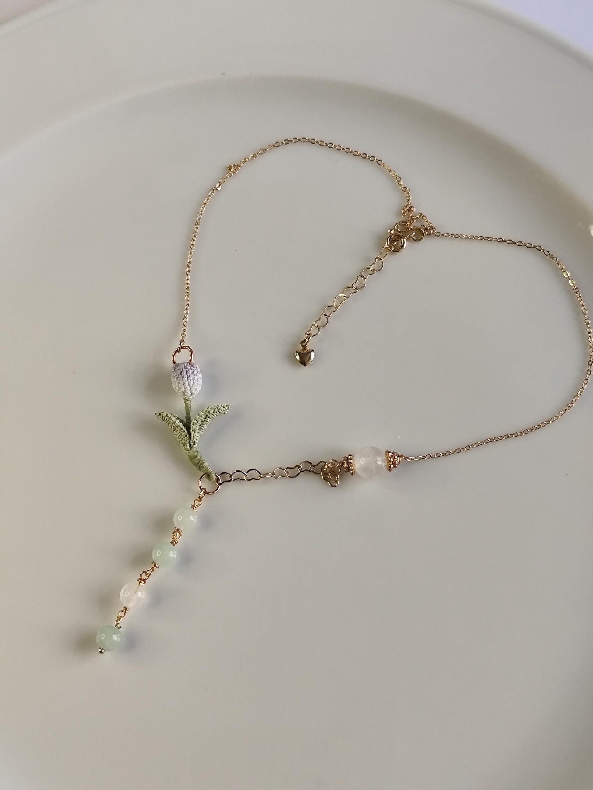 Hand-Dyed Tulip Necklace with Natural Stones | Delicate Crochet Flower Jewelry with Burmese Jade & Angola White Crystal