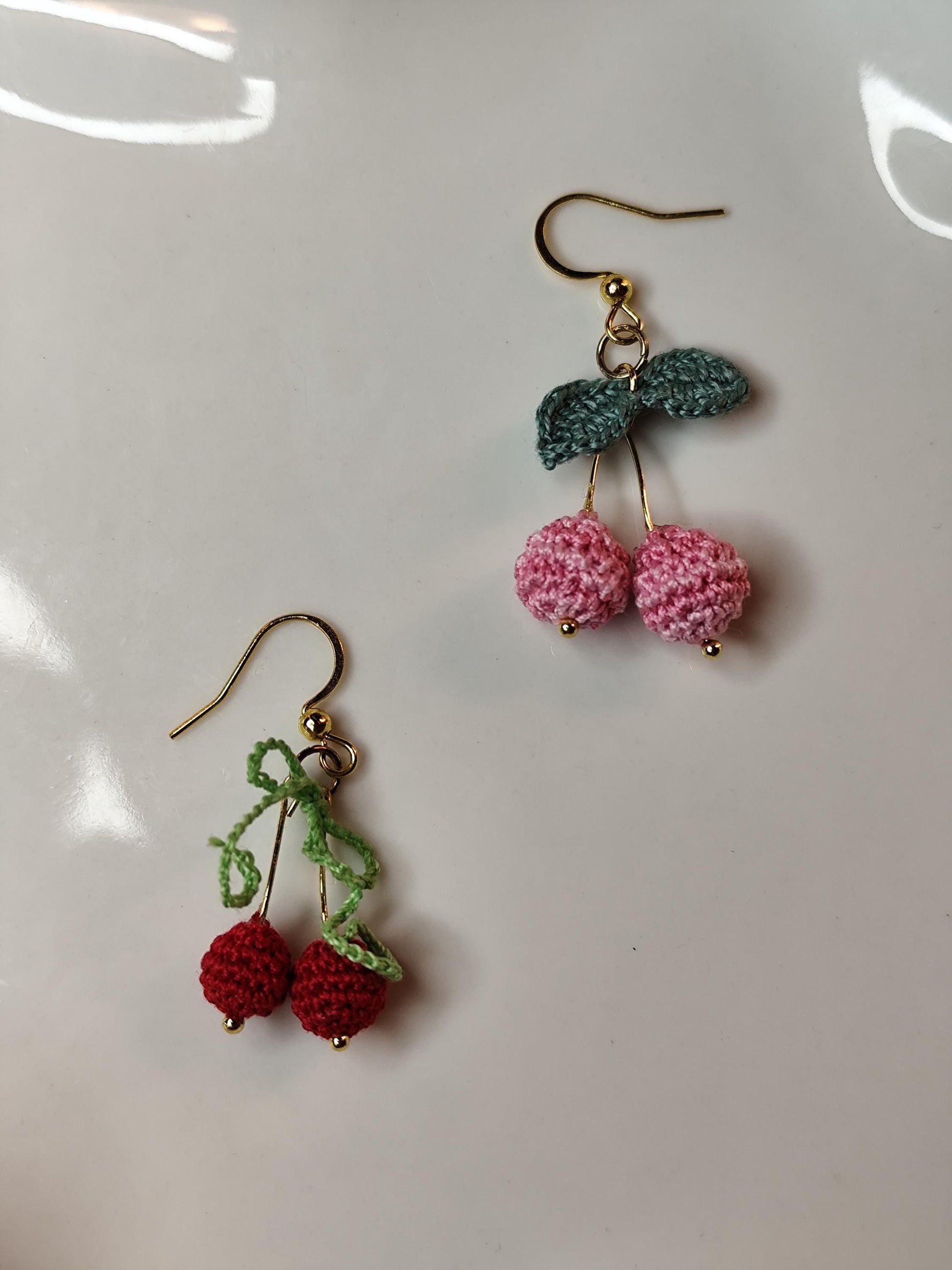 Micro Crocheted Cherry Earrings & Necklace Set | Handmade Fruit Jewelry | Dainty Boho Gift for Her | Red Cherry Crochet Accessories
