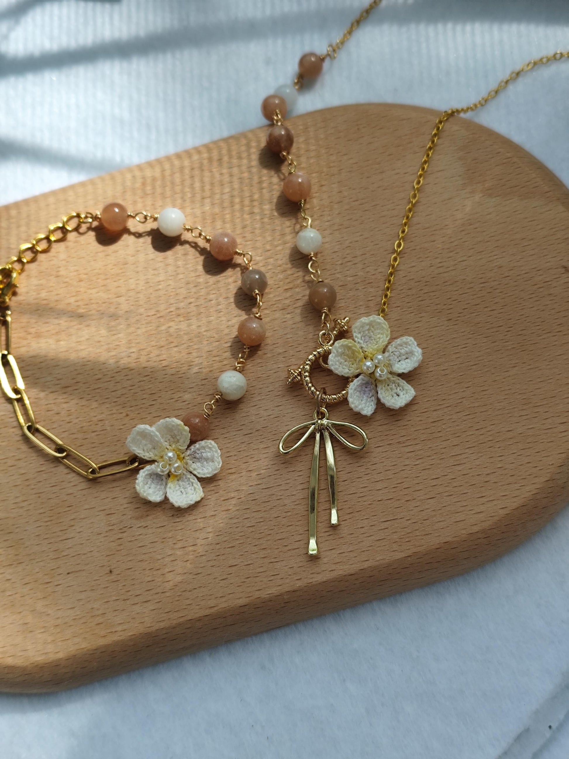 Handcrafted Micro Crochet Gemstone Jewelry Set: Blue Chalcedony, Moonstone, and Cherry Blossom flower