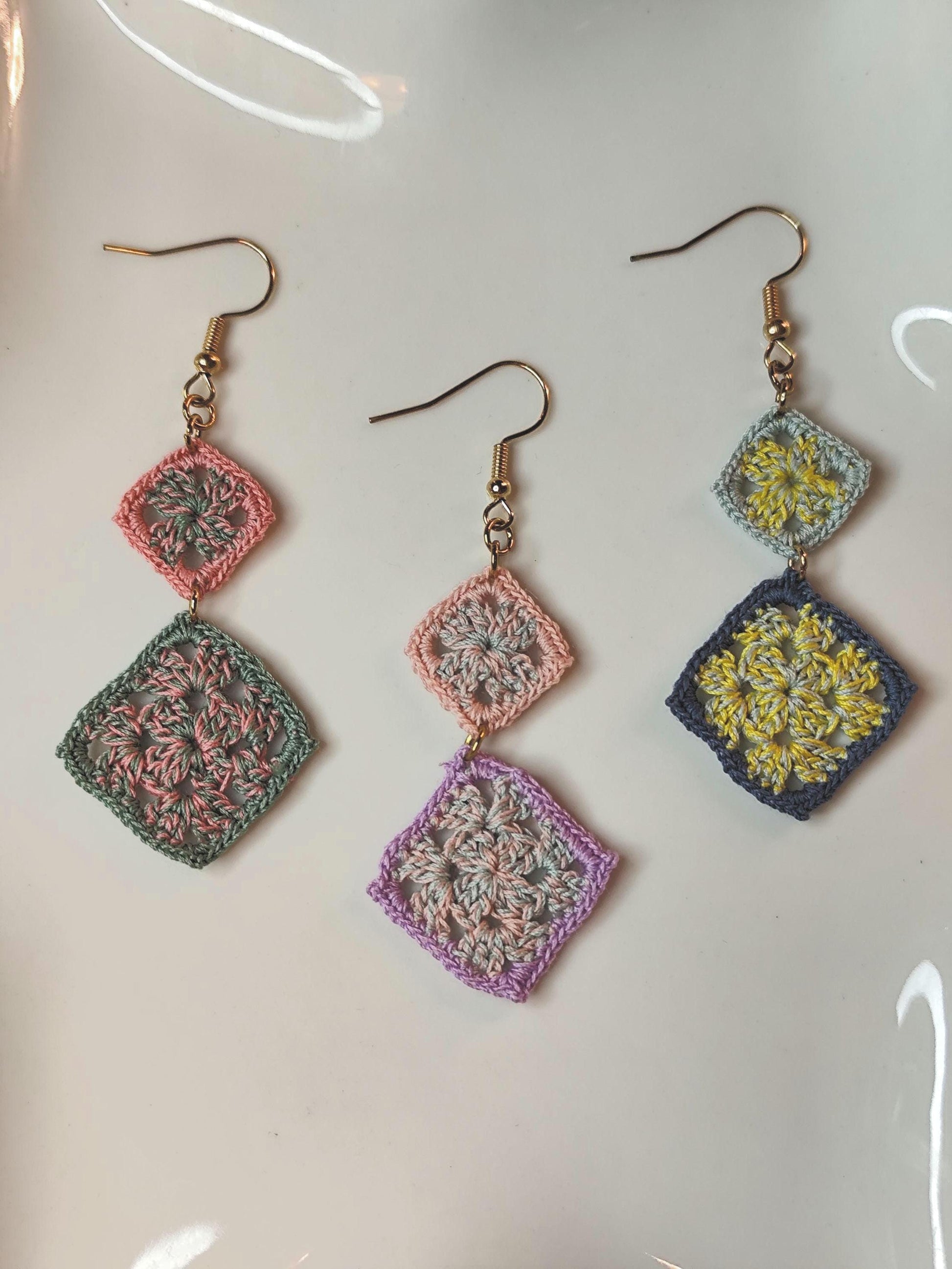 Handmade Mix Colors Granny Squares Earrings | Mix colors granny squares earrings