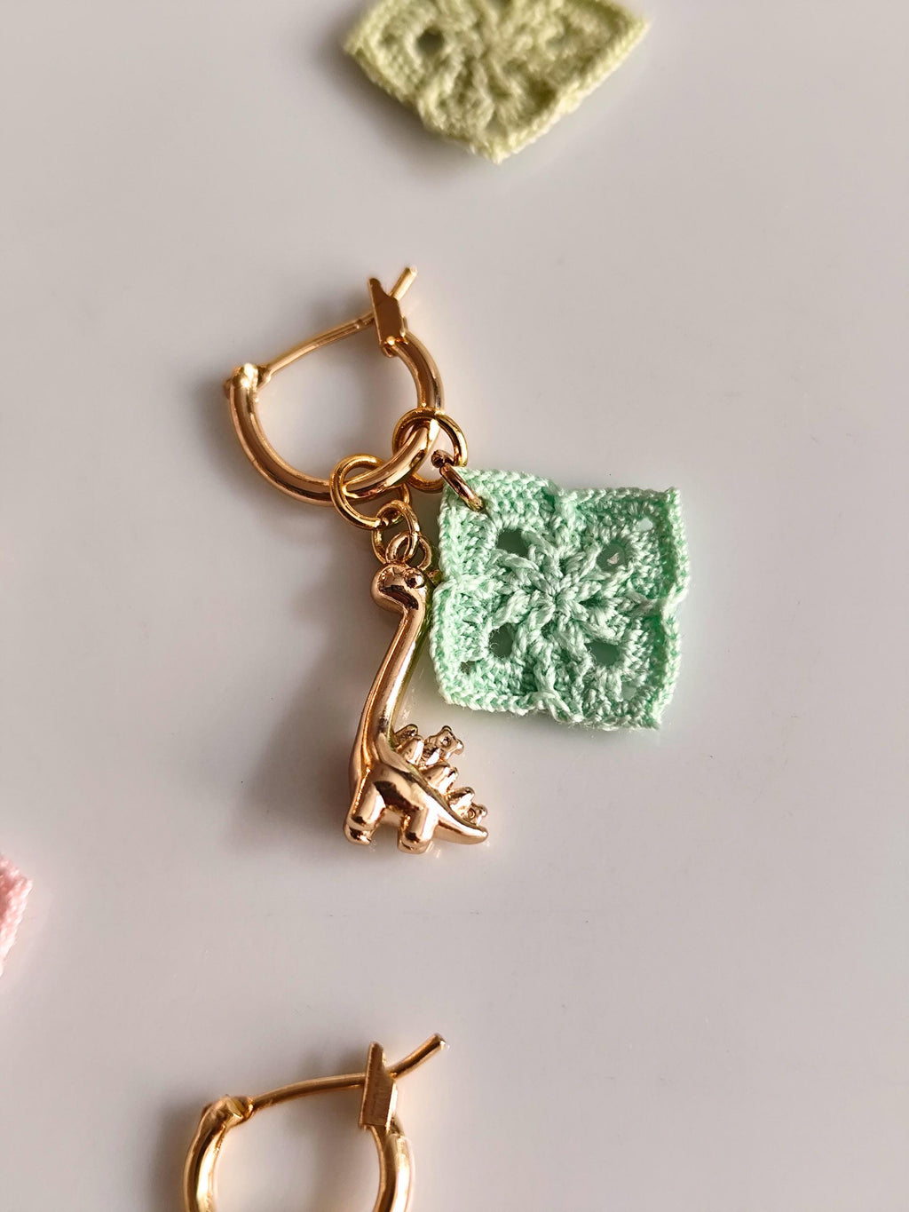 Golden charm hoop earrings with micro crochet granny square motifs | fun animal earrings | personalized gift