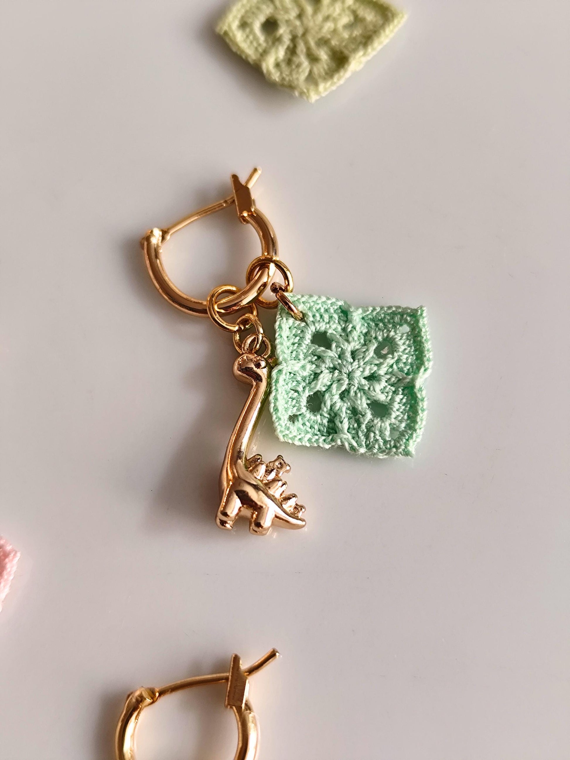 Golden charm hoop earrings with micro crochet granny square motifs | fun animal earrings | personalized gift