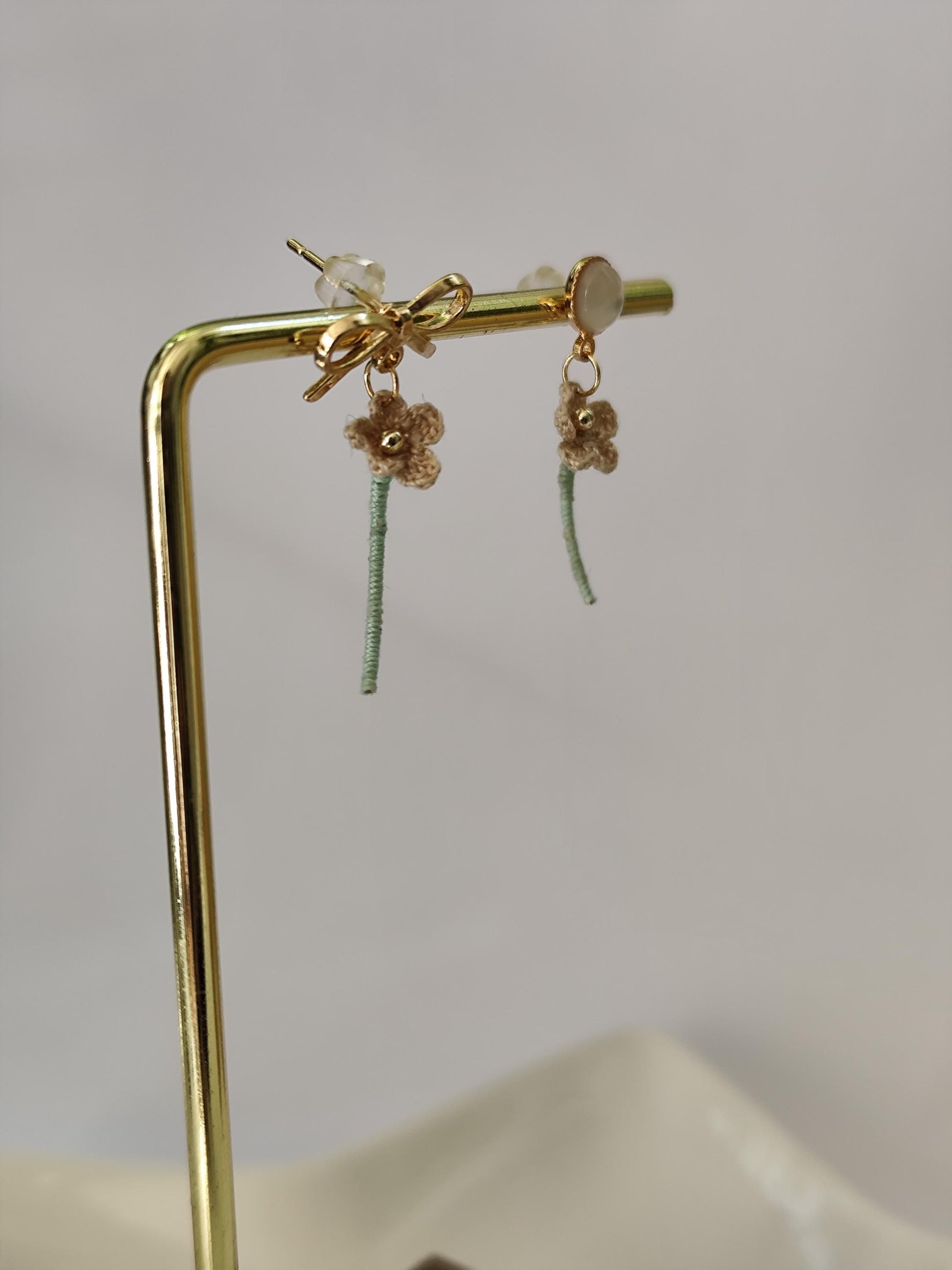 tiny micro crochet flower with stem earrings | bridal dainty boho earrings