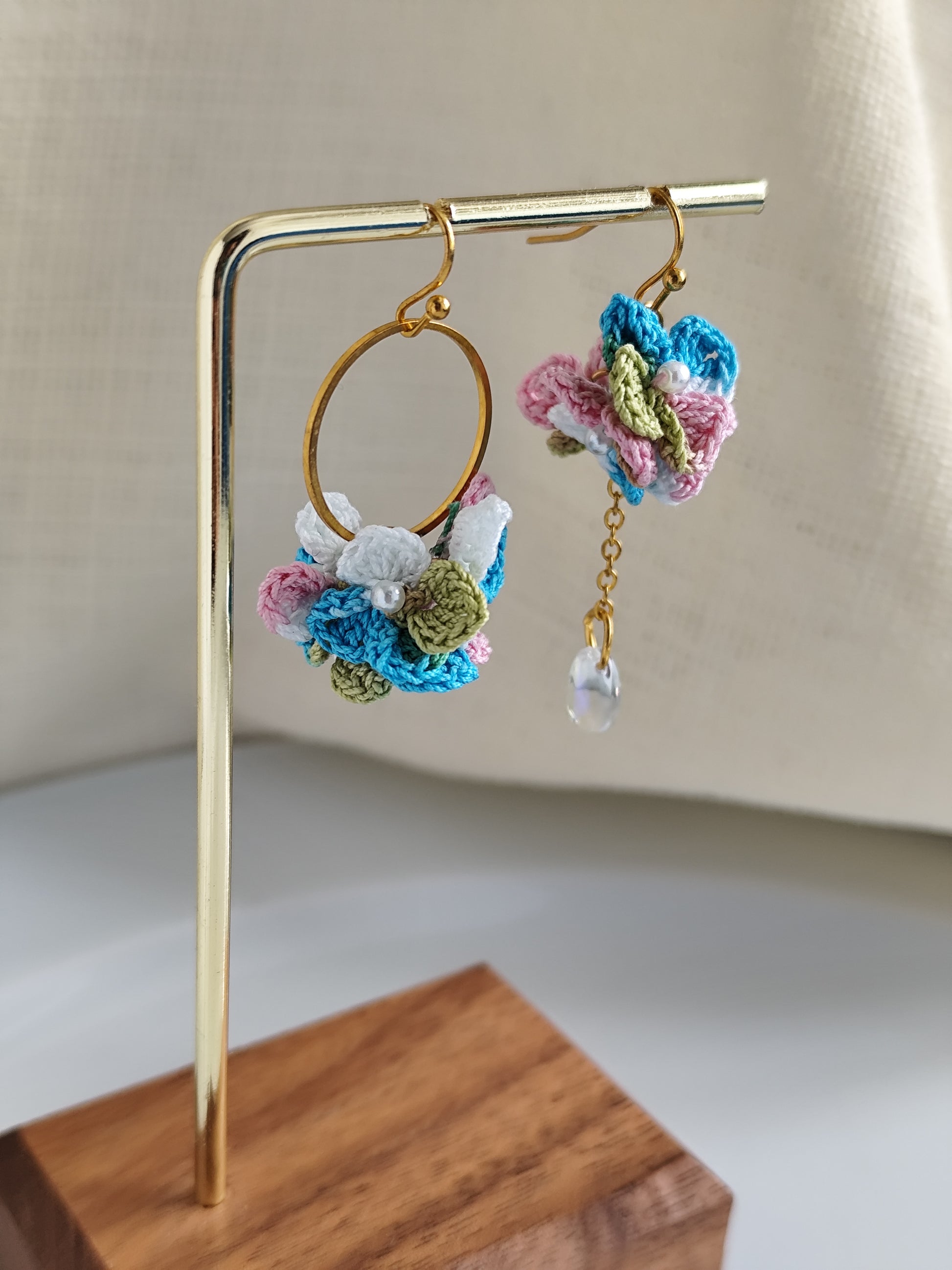 Asymmetrical hydrangea flower micro crochet earrings