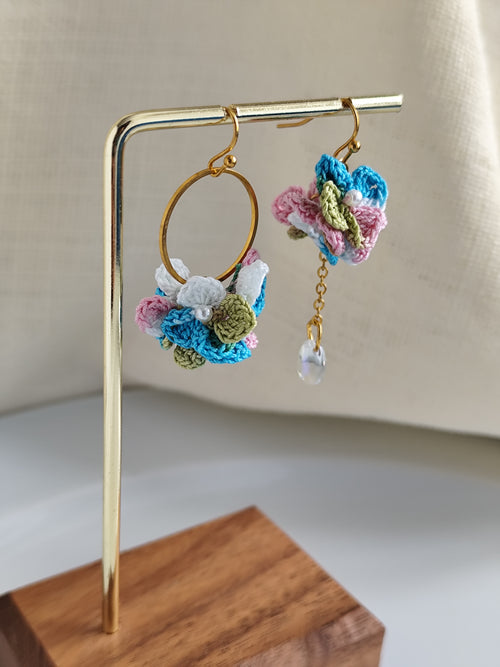 Asymmetrical hydrangea flower micro crochet earrings
