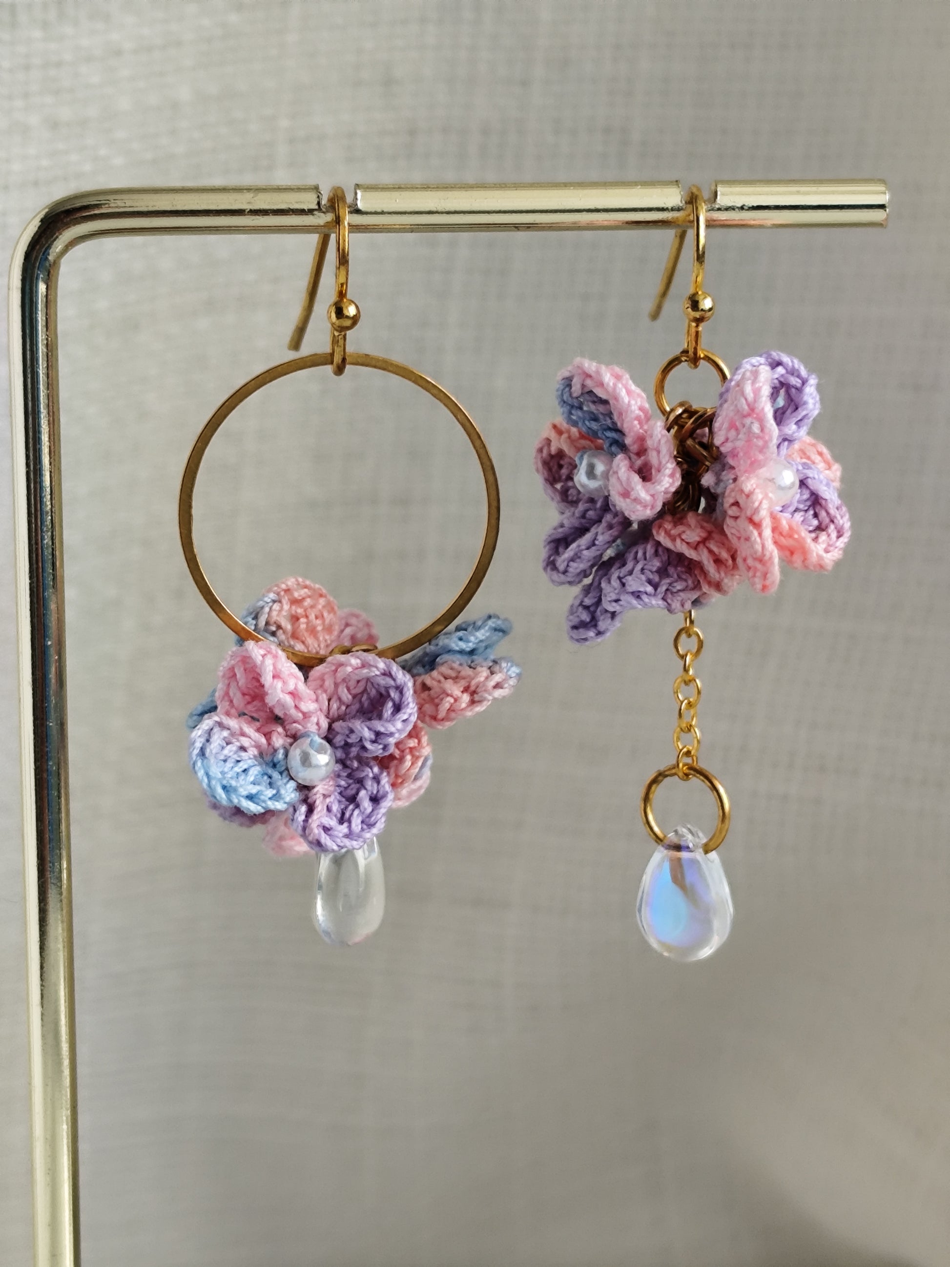 Asymmetrical hydrangea flower micro crochet earrings