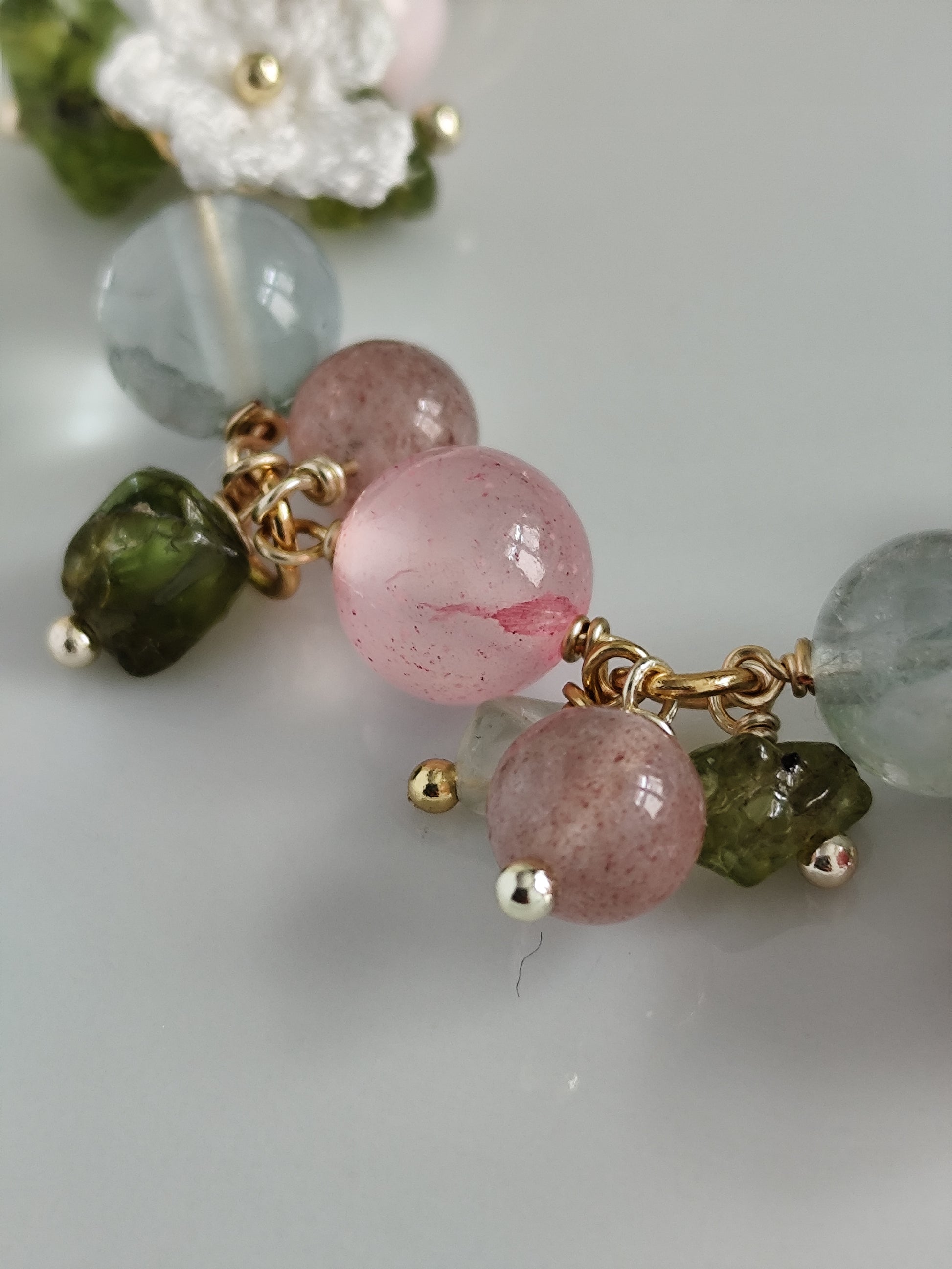 Micro crochet strawberry and flowers gemstone bracelet | cottagecore | fairy aesthetic
