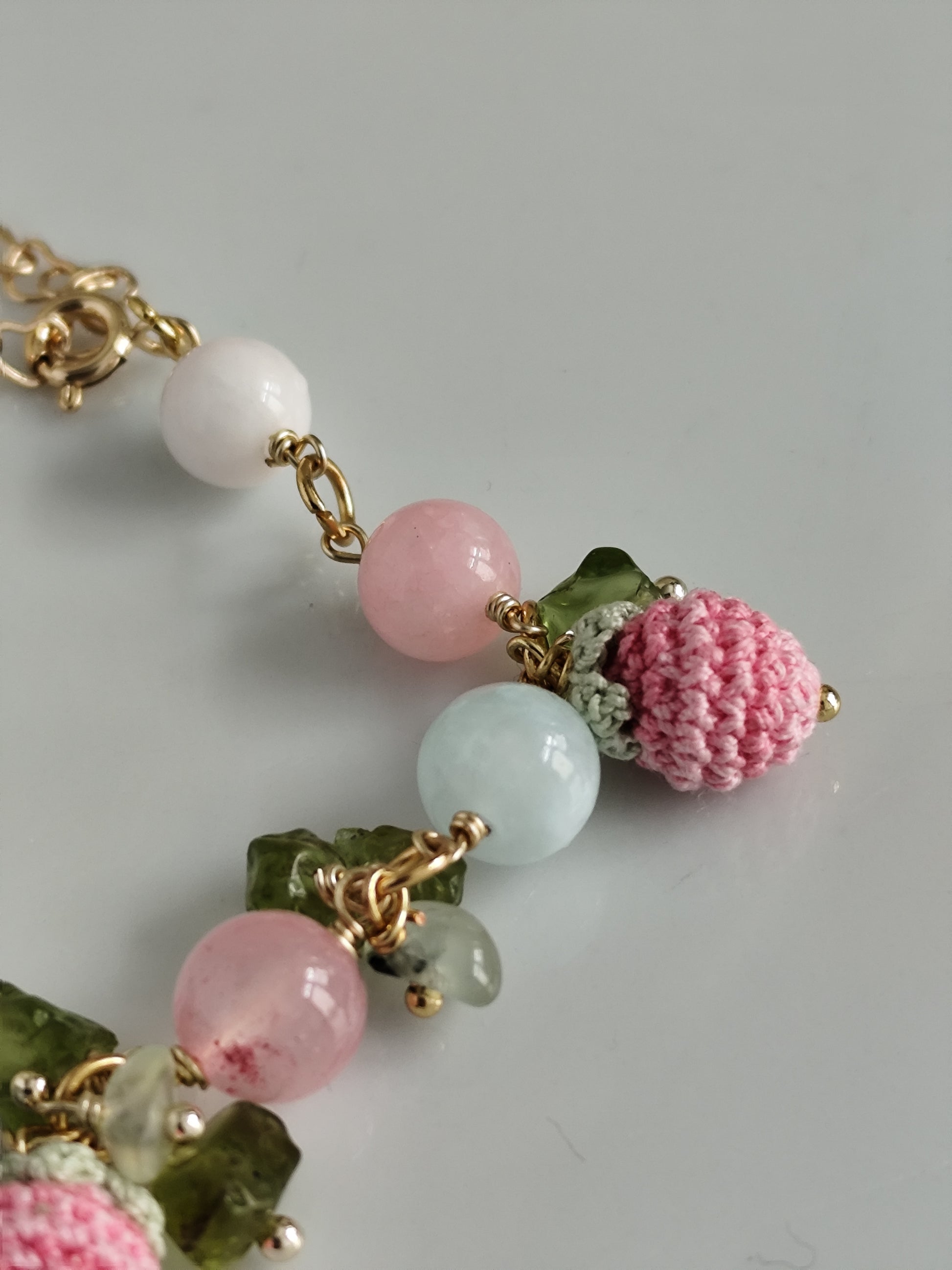 Micro crochet strawberry and flowers gemstone bracelet | cottagecore | fairy aesthetic