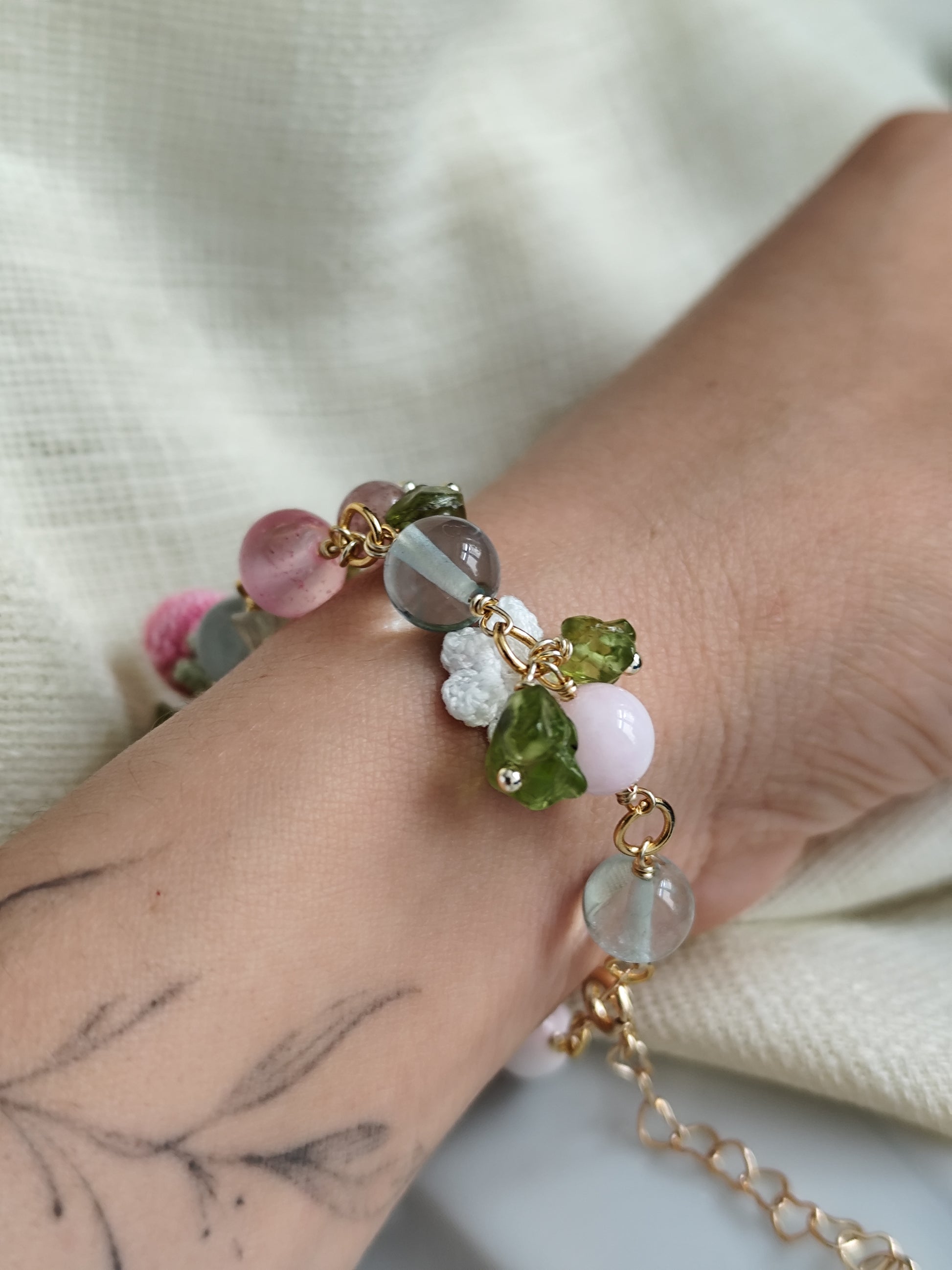 Micro crochet strawberry and flowers gemstone bracelet | cottagecore | fairy aesthetic