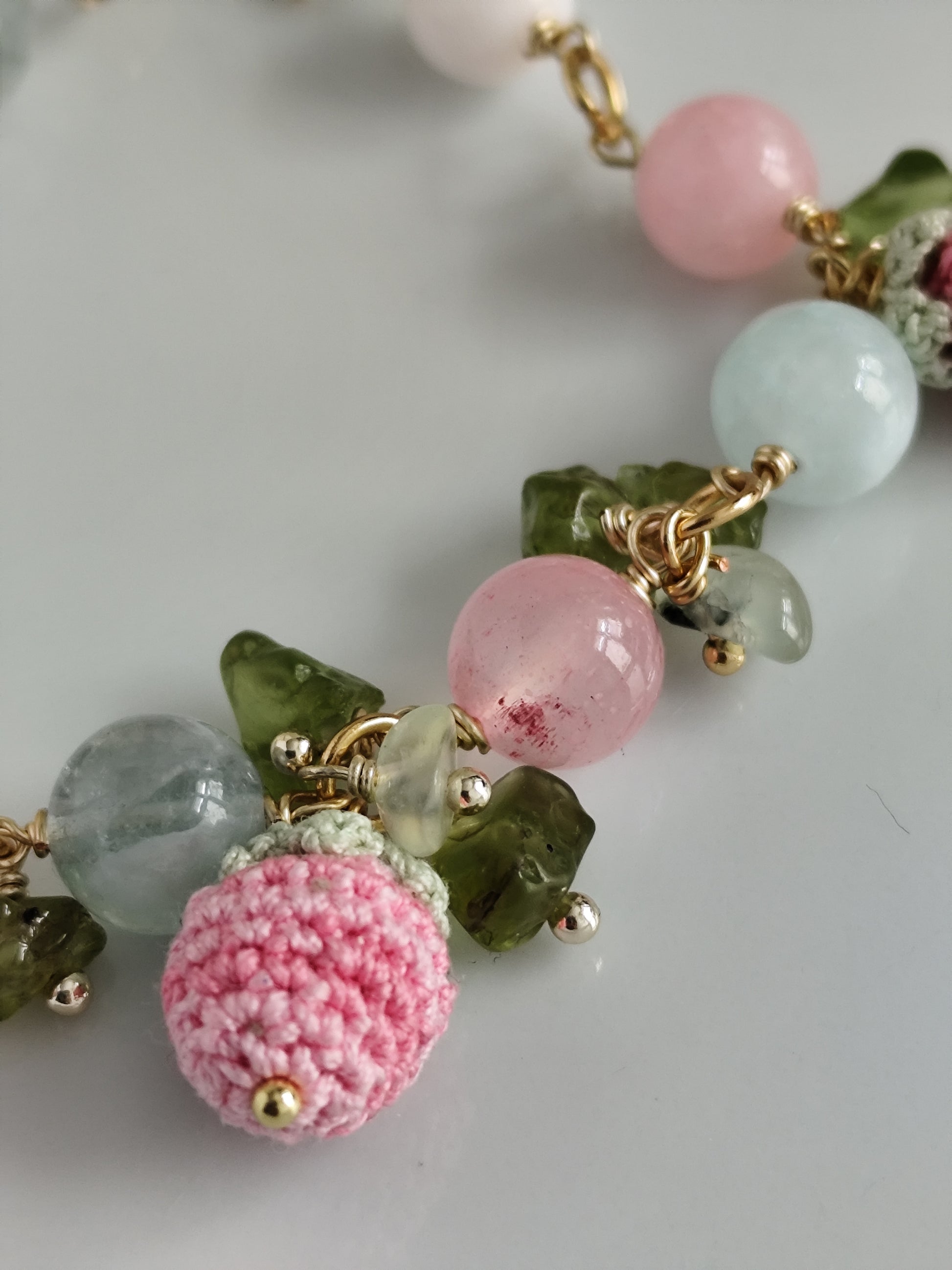 Micro crochet strawberry and flowers gemstone bracelet | cottagecore | fairy aesthetic