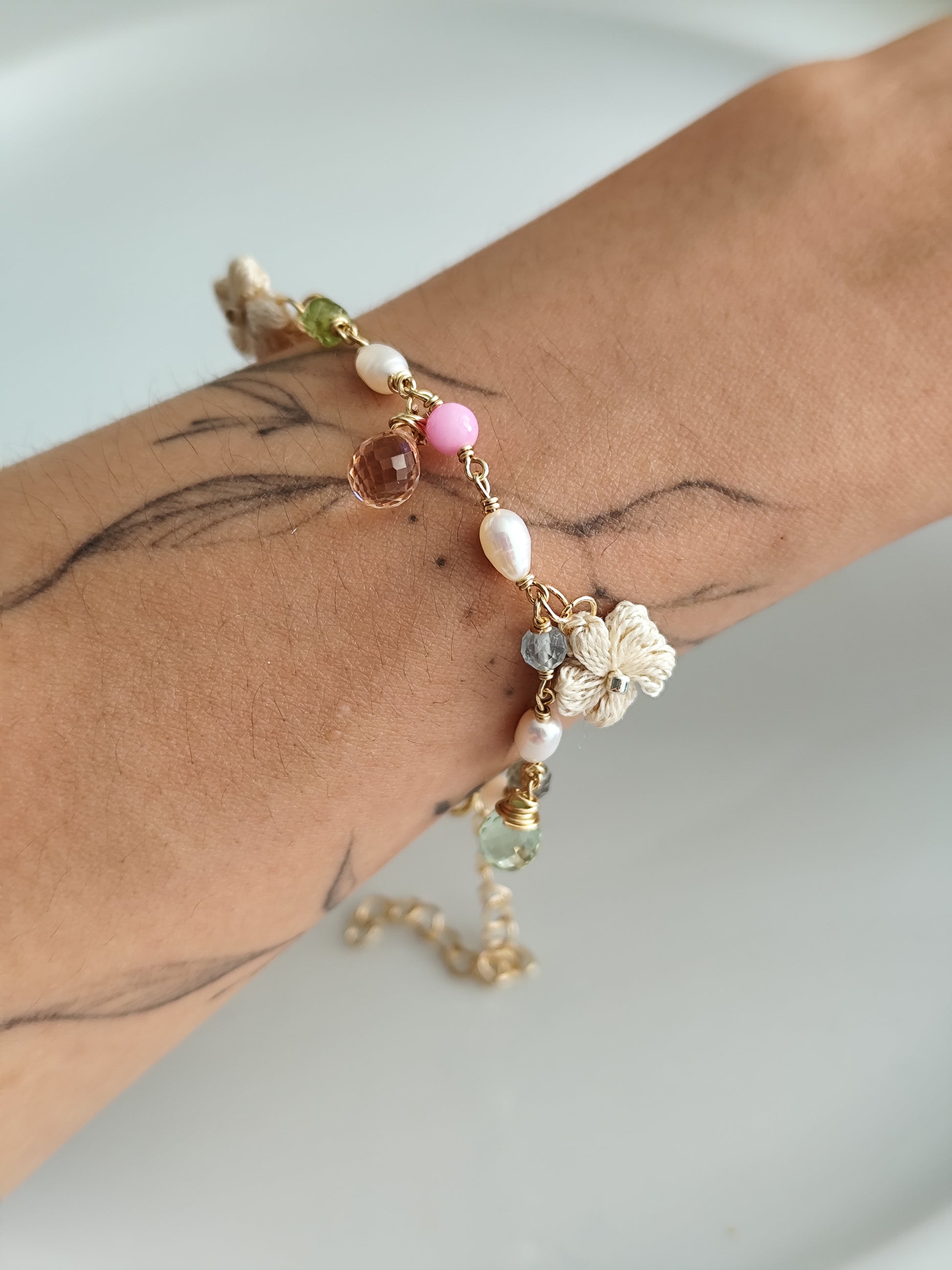 Pearl gemstone colorful bracelet with quartz beads and crocheted flowers