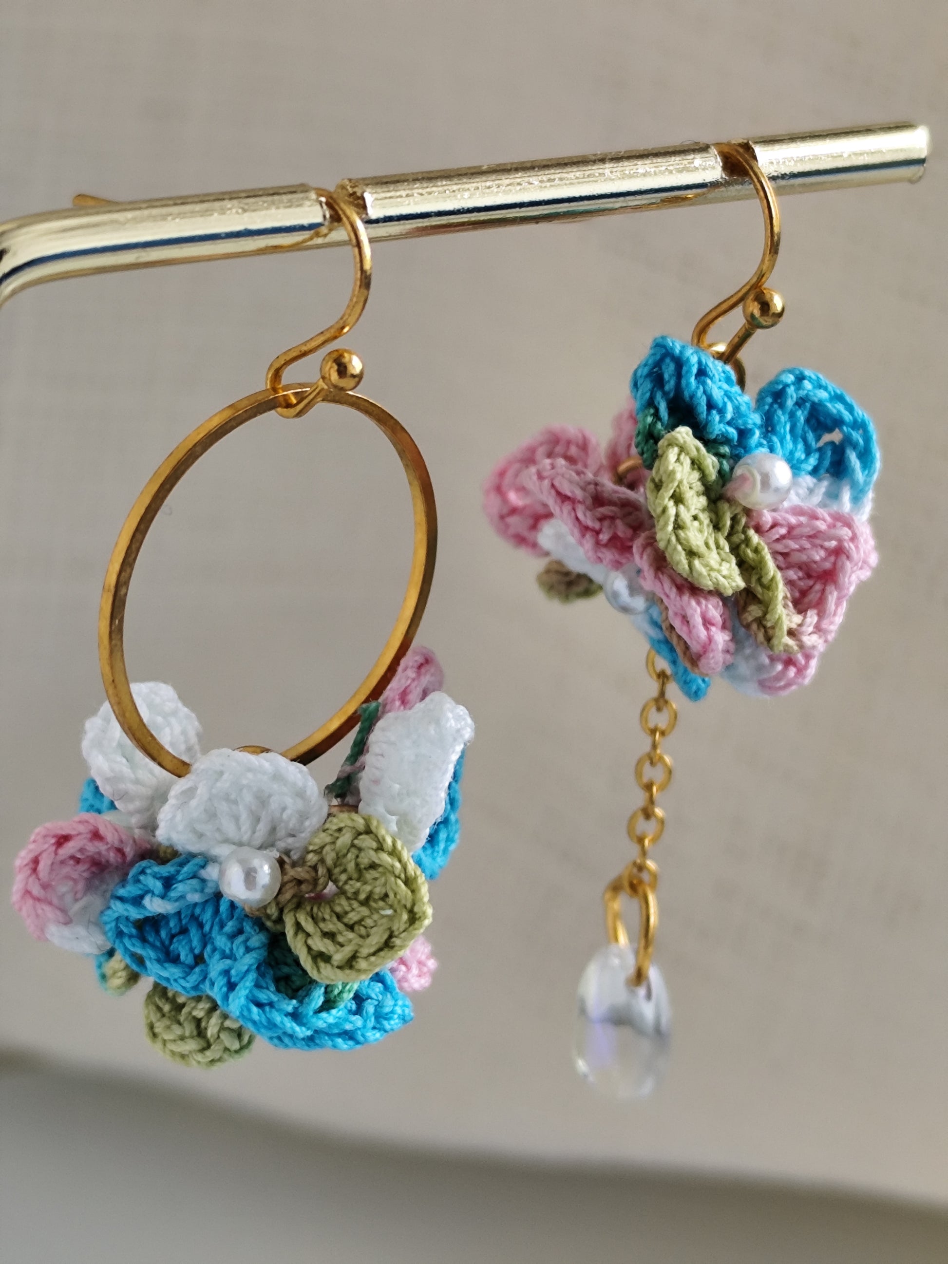 Asymmetrical hydrangea flower micro crochet earrings