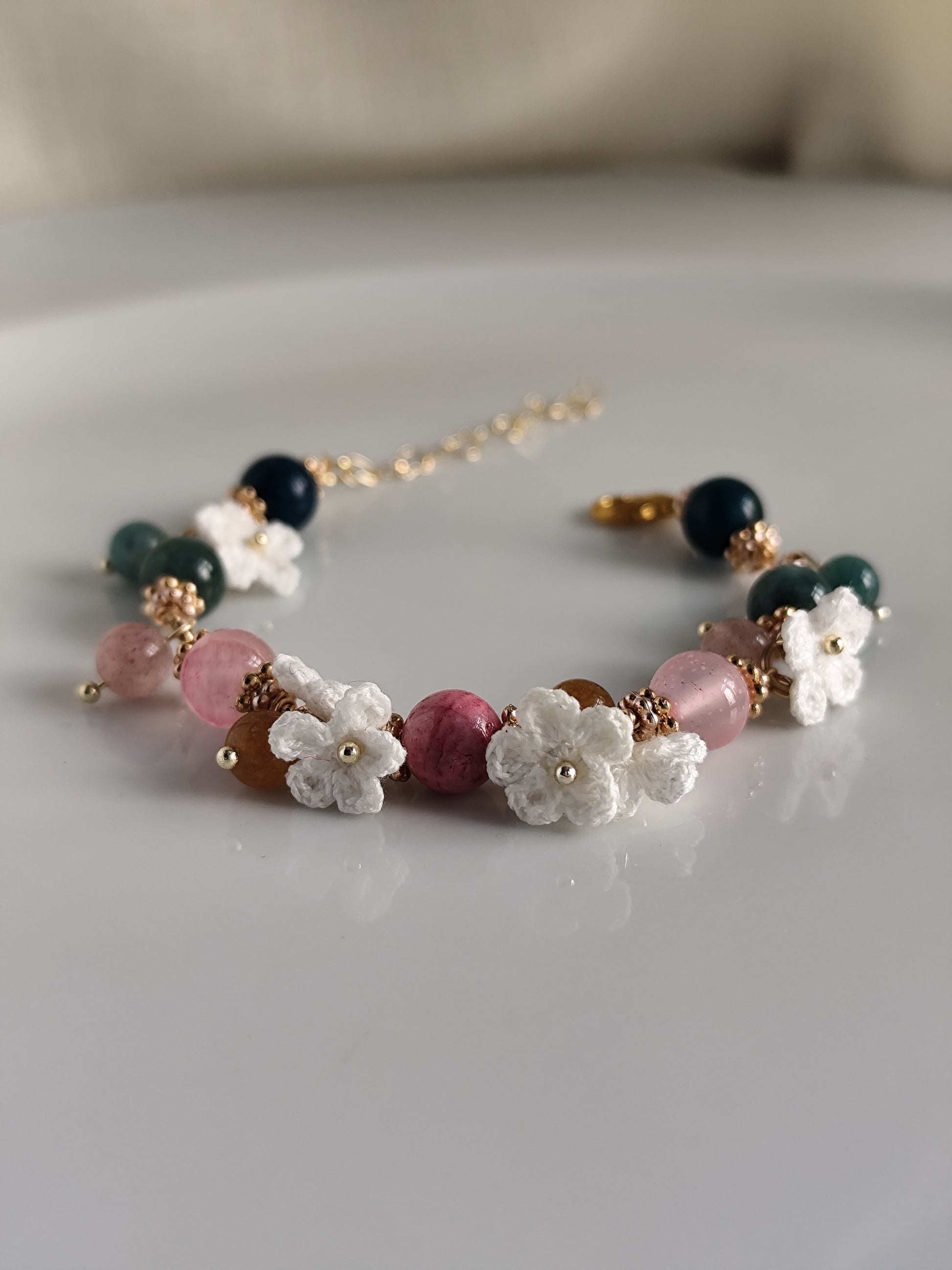 Elowen | Handmade gemstone flower bracelets | Delicate crochet flower jewelry | Elegant gift for her | Romantic boho accessories