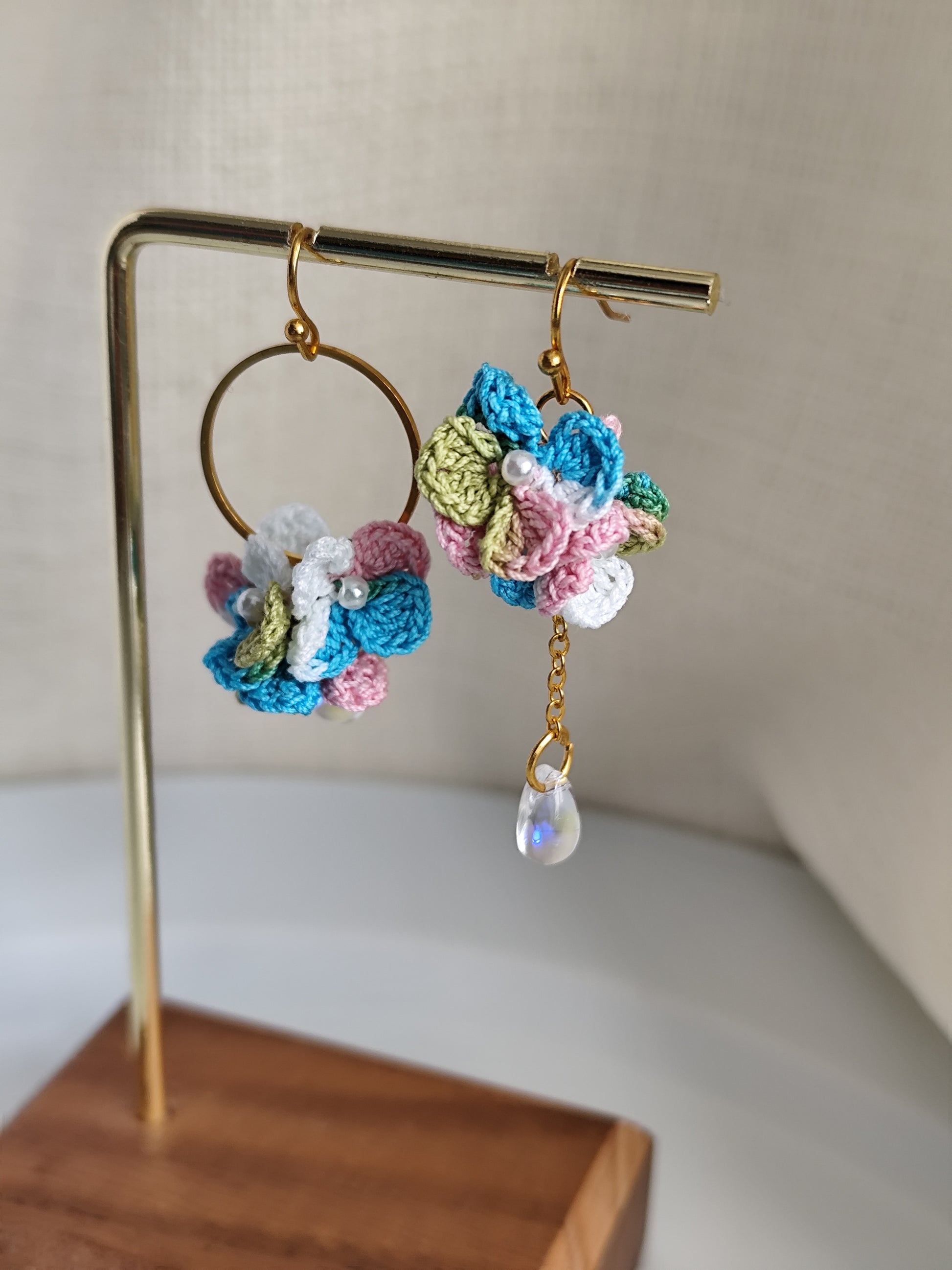 Asymmetrical hydrangea flower micro crochet earrings