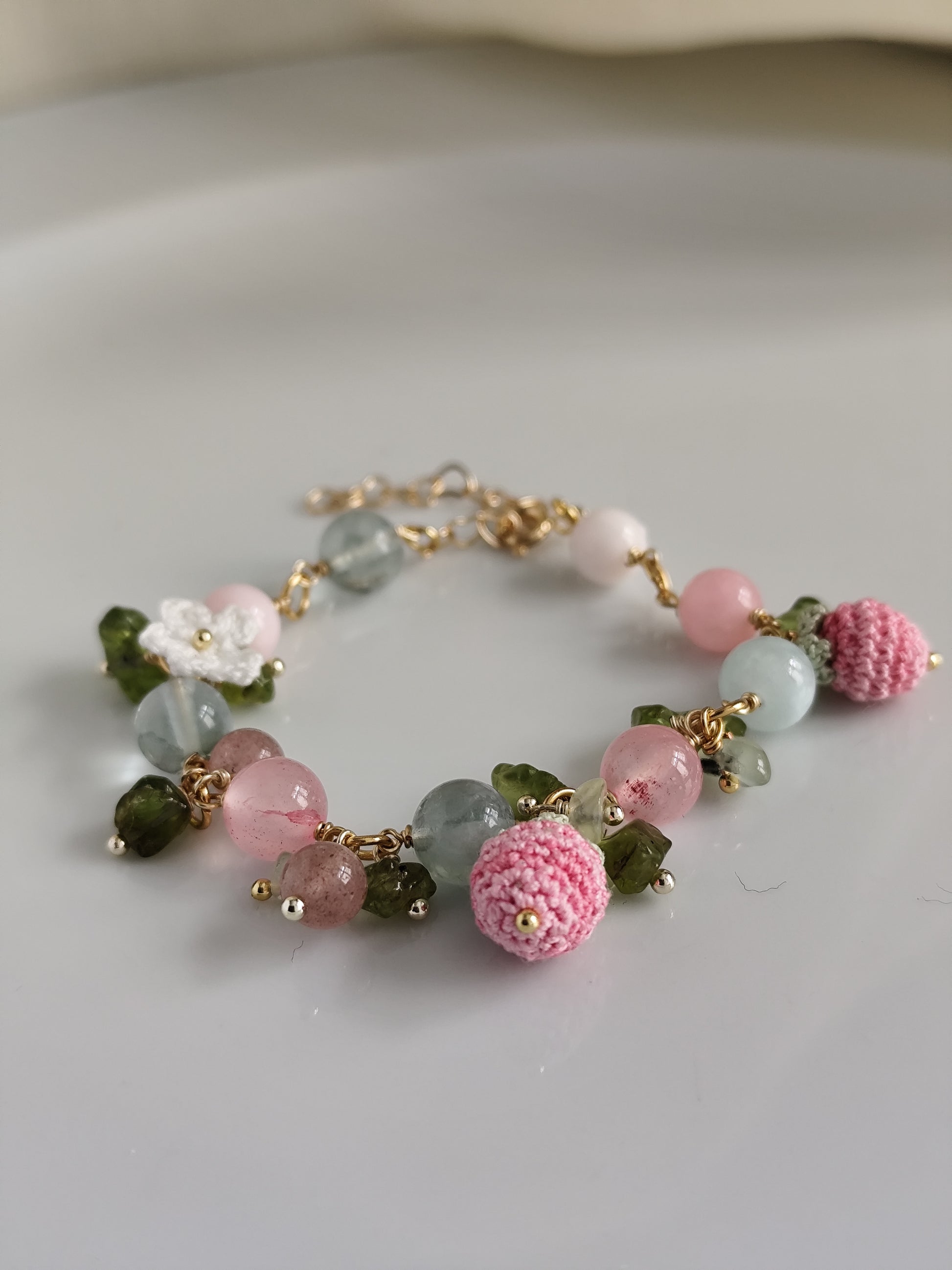 Micro crochet strawberry and flowers gemstone bracelet | cottagecore | fairy aesthetic