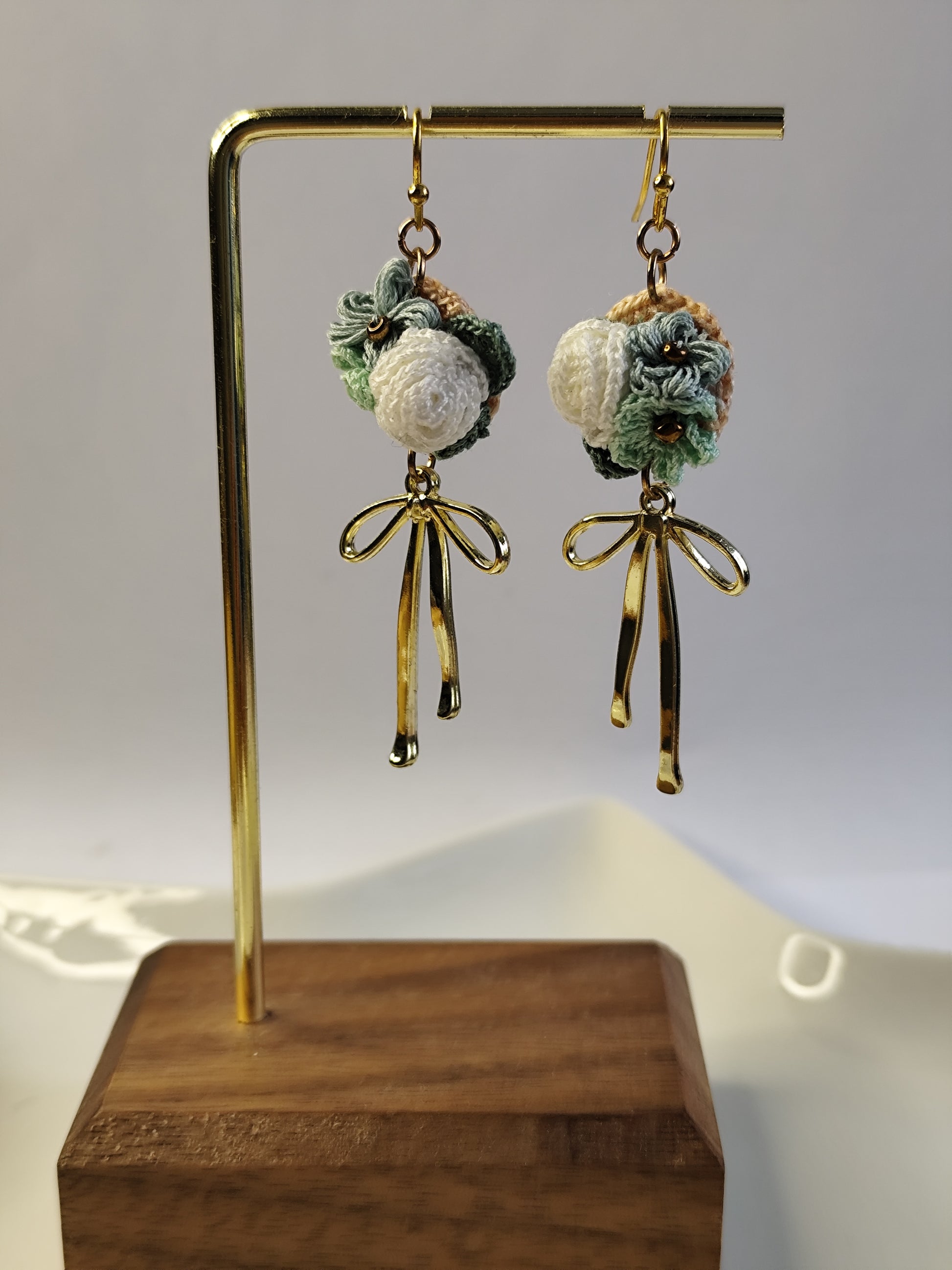 Rose mixed small flowers dangled earrings with gold colored elegant bow | Valentine's Day gift for her | dainty micro crochet earrings