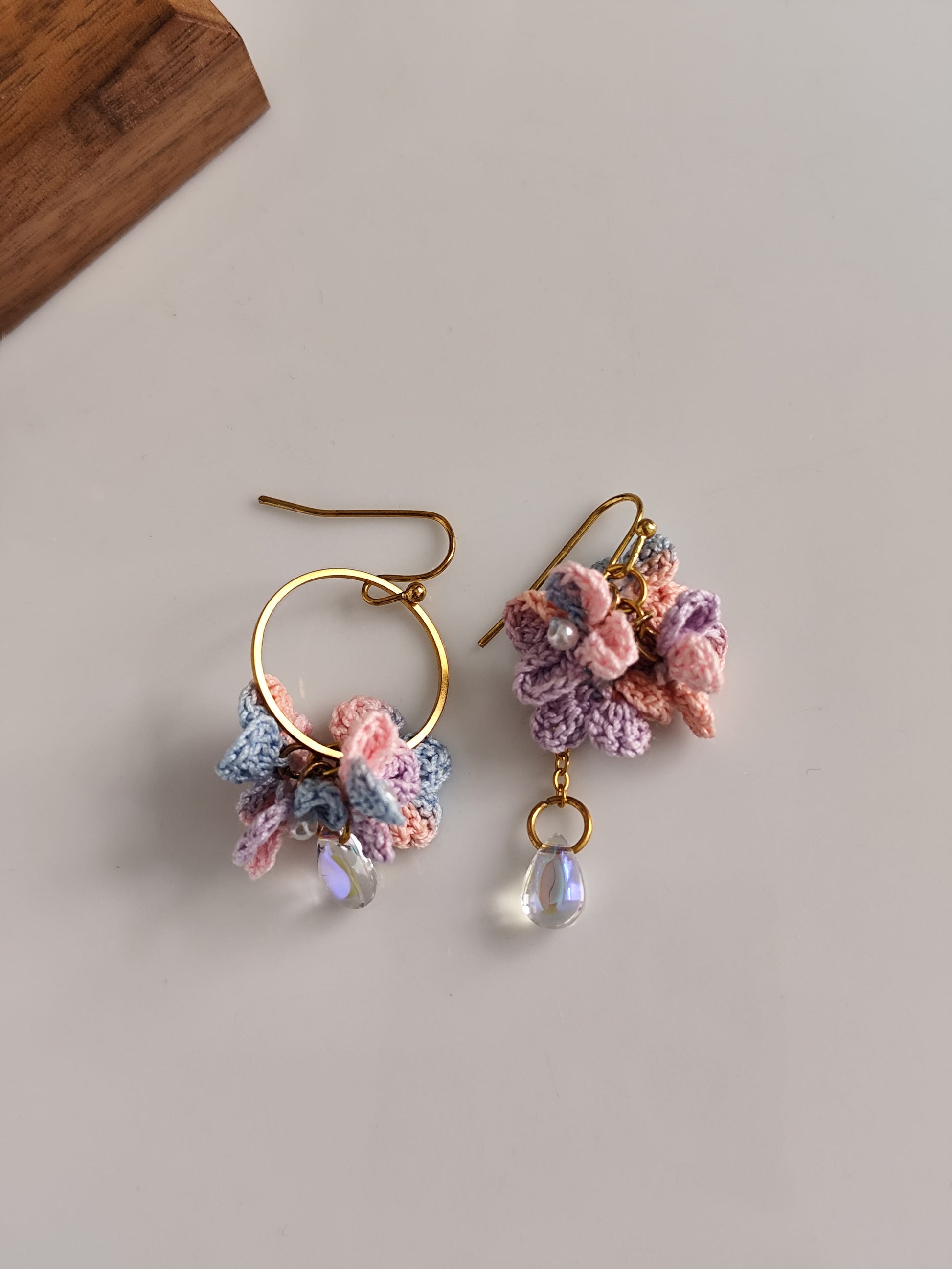 Asymmetrical hydrangea flower micro crochet earrings