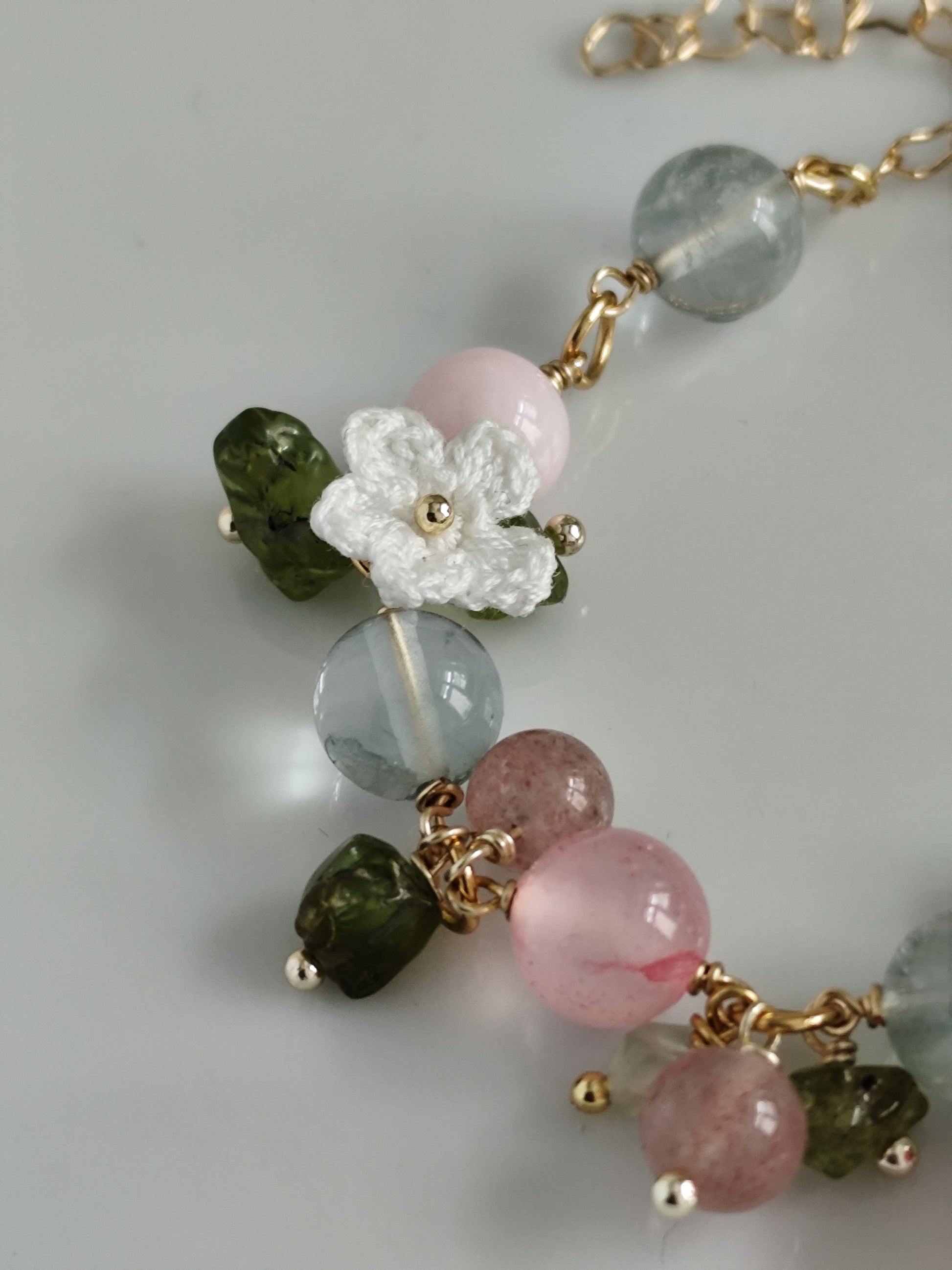 Micro crochet strawberry and flowers gemstone bracelet | cottagecore | fairy aesthetic