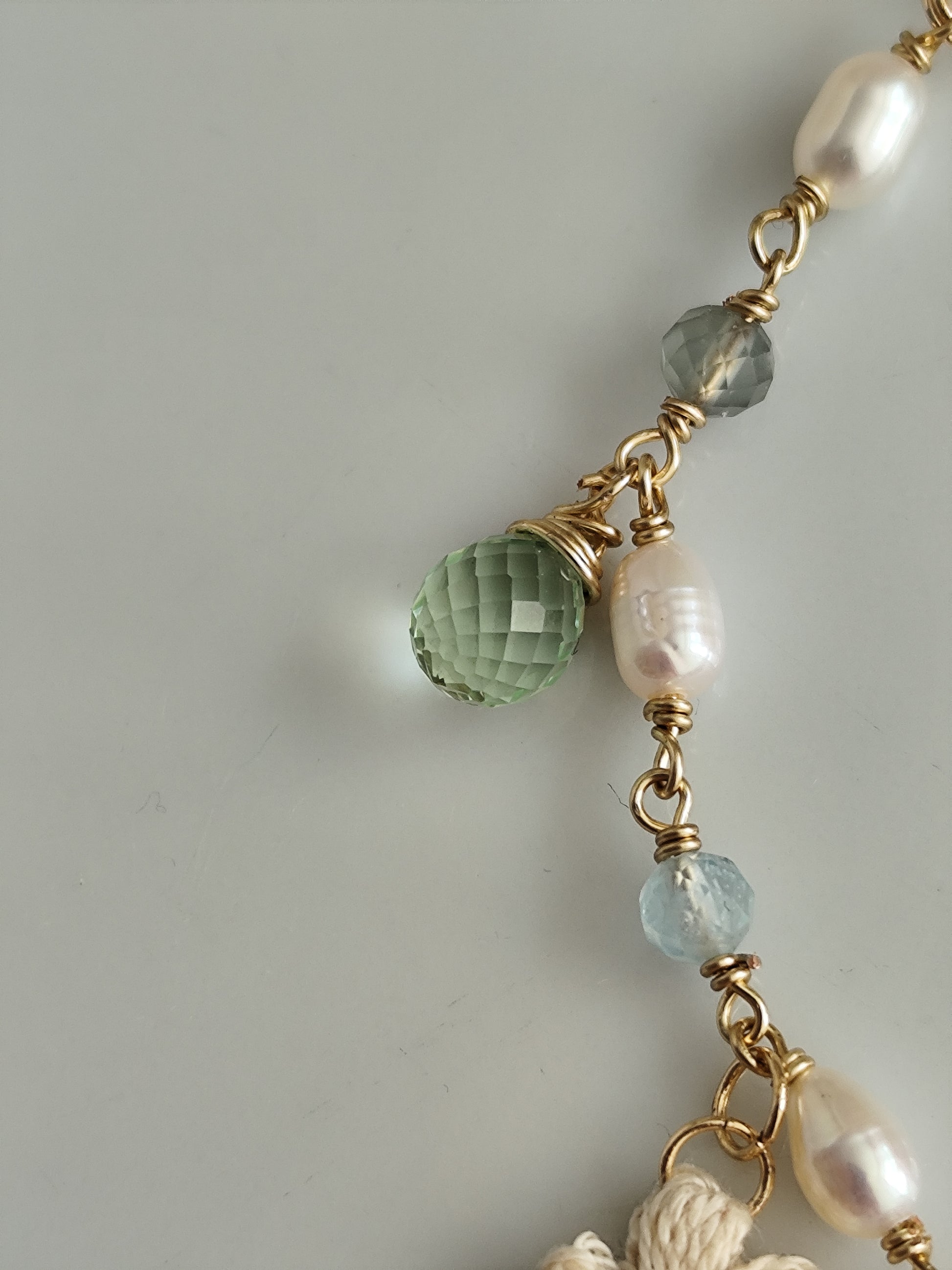 Pearl gemstone colorful bracelet with quartz beads and crocheted flowers